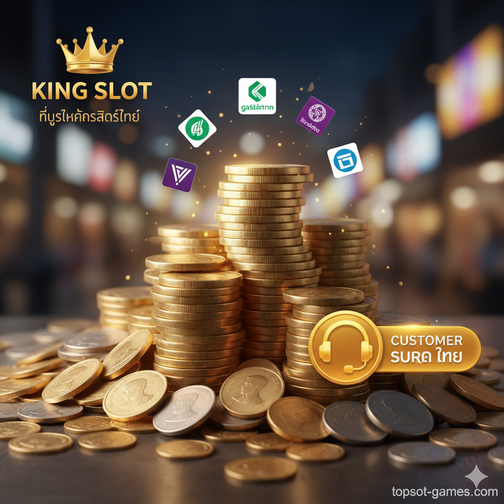ภาพเน้นข้อได้เปรียบที่สำคัญของ topslot-games.com ในการรองรับผู้เล่นไทยโดยสมบูรณ์ โดยเฉพาะเรื่องการเงินและการบริการ ภาพควรแสดงกองเหรียญบาท (THB) ขนาดใหญ่ที่มีโลโก้ธนาคารไทยชั้นนำลอยอยู่รอบๆ (เช่น ธนาคารกสิกรไทย, ไทยพาณิชย์) และมีสัญลักษณ์ Call Center หรือ Customer Support ที่เป็นรูปหูฟังพร้อมข้อความ 'ภาษาไทย' กำกับอยู่ข้างๆ สีหลักควรเป็นสีทอง, เขียว และสีม่วงเพื่อสื่อถึงความปลอดภัย, ความมั่งคั่ง, และความเป็นมืออาชีพ, เน้นย้ำว่านี่คือ 'King Slot' ในเวอร์ชันไทยที่เหนือกว่า.