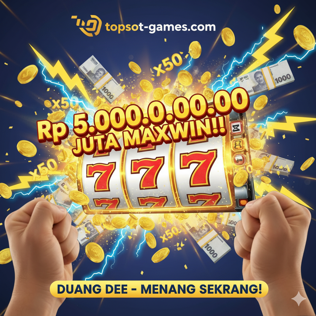 Pemandangan klimaks dari kemenangan besar (Maxwin/Jackpot). Gambarkan layar slot yang baru saja menunjukkan kombinasi kemenangan sempurna dengan jumlah angka besar yang meledak di udara. Hujan koin emas, uang kertas, dan petir x500 harus mengisi seluruh bingkai. Tampilkan tangan pemain yang sedang mengepalkan tangan karena gembira, dengan latar belakang samar-samar logo topslot-games.com yang menandakan lokasi kemenangan. Gambar ini harus memiliki energi tinggi, warna-warna cerah (emas, merah, kuning), dan komposisi yang membuat penonton merasa 'Duang Dee' itu nyata dan bisa diraih sekarang juga.