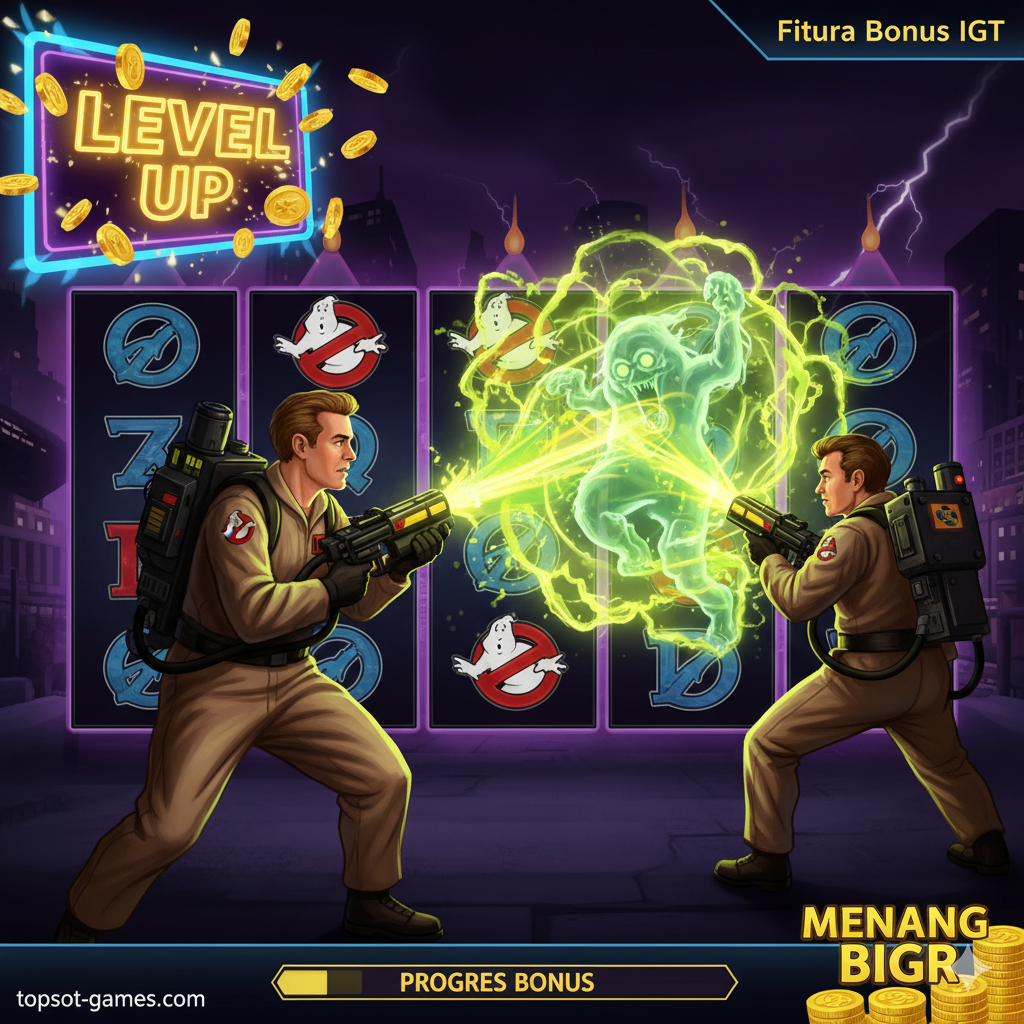 Ilustrasi yang berfokus pada fitur bonus utama 'Ghost Battle' dari Ghostbusters Plus. Gambarkan adegan perburuan hantu yang intens di dalam gulungan slot. Karakter Ghostbusters (misalnya, Egon atau Ray) terlihat sedang mengarahkan penangkap proton ke hantu yang tertangkap dalam balutan sinar hijau atau kuning. Di sudut, tampilkan sekilas layar bonus yang menunjukkan 'LEVEL UP' dan beberapa koin virtual yang meledak, menekankan aspek progresif dan hadiah besar dari fitur ini. Warna dominan harus cerah, seperti hijau neon dan kuning, berlawanan dengan latar belakang yang lebih gelap.