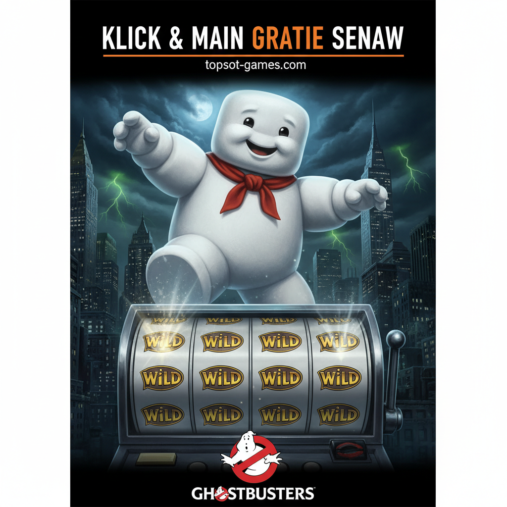 Gambar penutup yang mengundang dengan sentuhan ikonik, menampilkan Stay Puft Marshmallow Man raksasa yang tersenyum (atau mengancam) di latar belakang. Stay Puft harus terlihat menginjak atau berjalan di atas gulungan slot, meninggalkan jejak 'Locking Wilds' (simbol Wild terkunci) di posisinya. Di bagian bawah atau atas gambar, sisipkan teks ringkasan yang mendorong tindakan seperti 'KLIK & MAIN GRATIS SEKARANG' dengan font yang tebal dan mudah dibaca. Komposisi harus vertikal, menekankan skala Stay Puft dan kegembiraan dari fitur putaran gratis, dengan warna putih cerah Marshmallow Man yang kontras dengan latar belakang kota New York yang gelap.