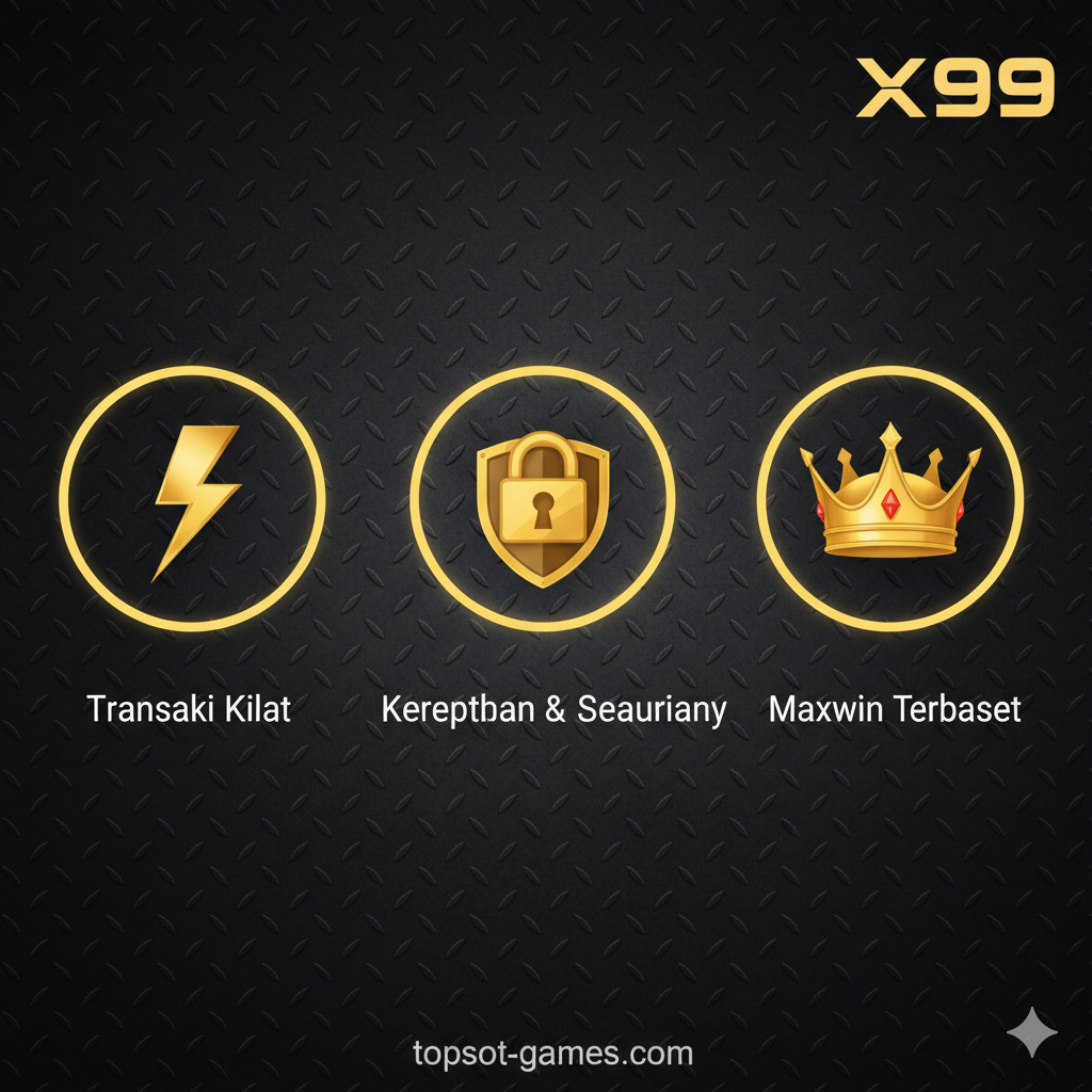 Grafik profesional dan ramping yang menyoroti tiga fitur utama. Tampilkan tiga ikon yang berbeda di atas latar belakang metalik gelap bertekstur 'X99'. Ikon pertama adalah jarum speedometer atau kilat (lightning bolt) yang menunjuk ke kecepatan tinggi (Transaksi Kilat). Ikon kedua adalah gembok emas yang kokoh (padlock) di atas perisai (Kepercayaan & Keamanan). Ikon ketiga adalah piala atau mahkota emas raksasa (Maxwin Terbesar). Penataan harus bersih, modern, dan mudah dipahami, menunjukkan keunggulan topslot-games.com.