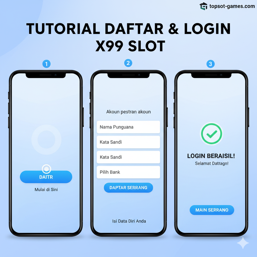 Visual panduan langkah demi langkah yang jelas dan mudah diikuti untuk pendaftaran. Gambar harus menampilkan layar smartphone yang terbagi menjadi tiga panel bernomor (1, 2, 3). Panel 1: Tombol 'DAFTAR' yang disorot. Panel 2: Tampilan pengisian formulir pendaftaran akun (Nama, Sandi, Bank). Panel 3: Layar konfirmasi 'LOGIN BERHASIL' dengan tanda centang hijau besar. Gunakan palet warna biru muda dan putih yang bersih untuk menekankan kemudahan dan kecepatan proses Tutorial Daftar dan Login.