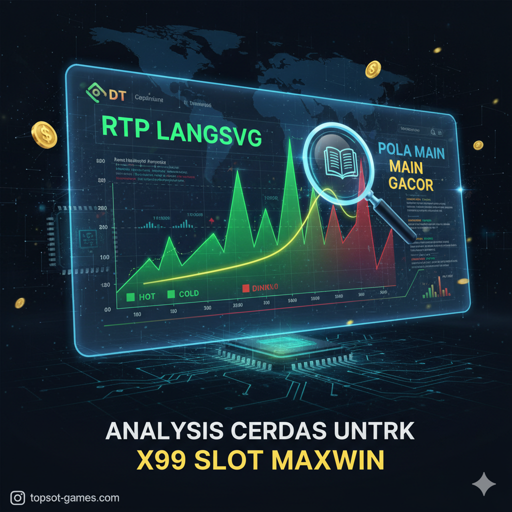 Sebuah ilustrasi strategis dan berbasis data. Elemen sentral adalah layar digital yang memancarkan cahaya, menampilkan grafik garis waktu (line graph) yang berfluktuasi dengan lonjakan tajam, merepresentasikan 'RTP Live' (Return to Player) yang akurat. Di sebelah grafik, letakkan visual overlay seperti kaca pembesar atau buku strategi yang menunjuk pada 'pola main gacor' (winning pattern). Palet warna harus mencakup hijau dan merah untuk mengindikasikan status game 'panas' atau 'dingin', menekankan analisis dan strategi yang cerdas untuk meraih X99 Slot Maxwin.