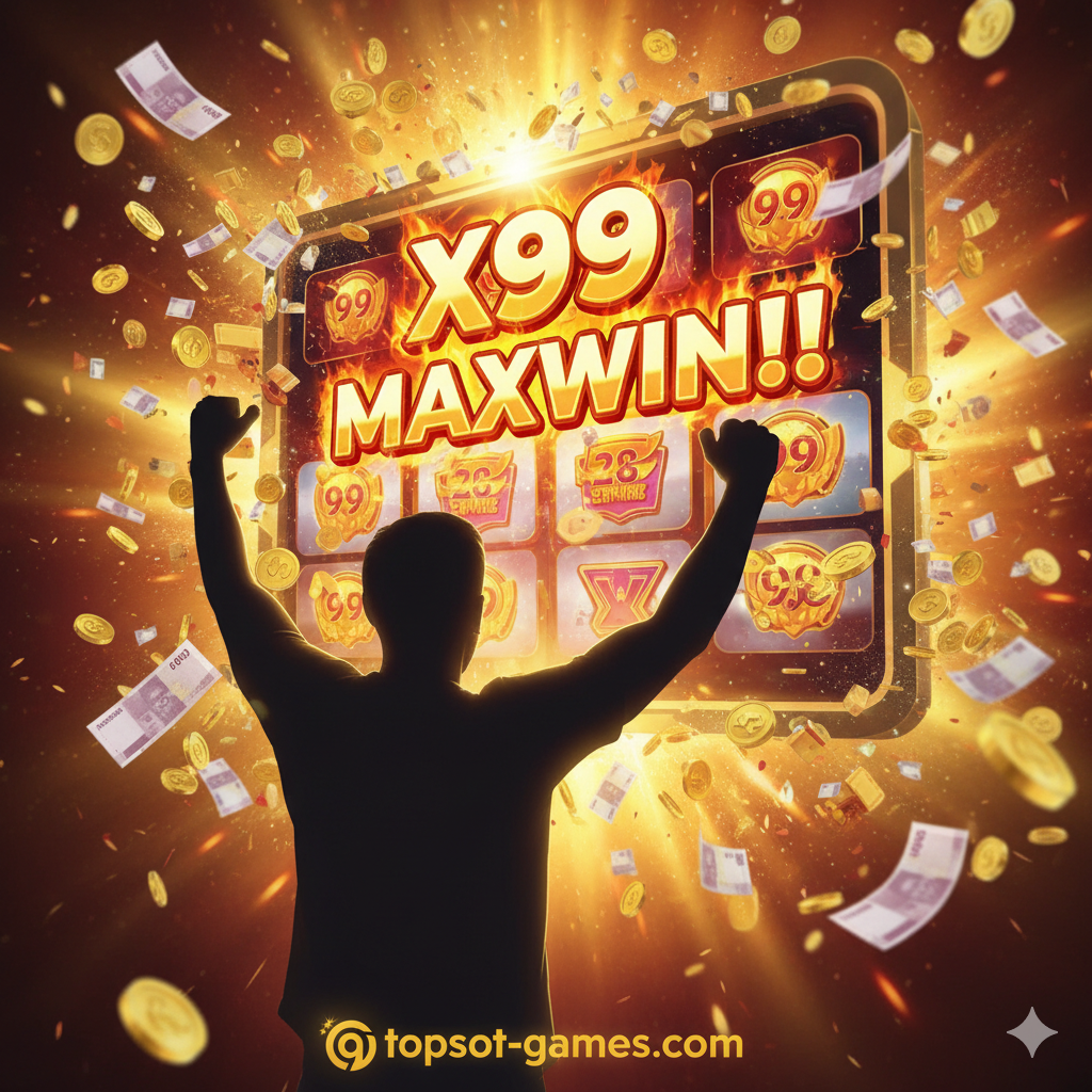 Gambar penutup yang sangat energik dan memotivasi, berfungsi sebagai ajakan bertindak (Call to Action) yang kuat. Tampilkan siluet seorang pemain yang bersorak gembira (kemenangan 'Maxwin') dengan kedua tangan diangkat ke udara. Di latar belakang, layar slot raksasa menyala terang, menampilkan tulisan besar 'X99 MAXWIN!!!' dan disertai ledakan dramatis dari koin emas, uang kertas, dan hadiah. Gunakan warna-warna hangat dan kontras tinggi (emas, kuning cerah, merah tua) untuk menyampaikan janji kekayaan dan kesuksesan yang luar biasa di topslot-games.com.