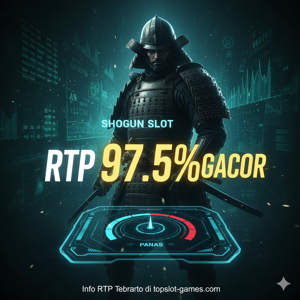 Gambar keunggulan yang dimaksudkan untuk menyoroti RTP tinggi (Return to Player) dan status 'Gacor' (mudah menang) dari 'Shogun Slot'. Di tengah gambar terdapat angka 'RTP 97.5%' yang besar dan bercahaya, di sampingnya terdapat kata 'GACOR' yang mencolok. Terdapat dasbor atau bilah kemajuan modern yang menunjukkan jarum berada di zona 'PANAS' (Hot). Latar belakangnya adalah grafik yang melambangkan analisis data dan siluet seorang prajurit. Gaya gambarnya modern dan berteknologi tinggi, menggunakan warna hijau, emas, dan biru untuk menyampaikan kepercayaan dan tingkat kemenangan yang tinggi. Termasuk teks 'Info RTP Terbaru di topslot-games.com'.