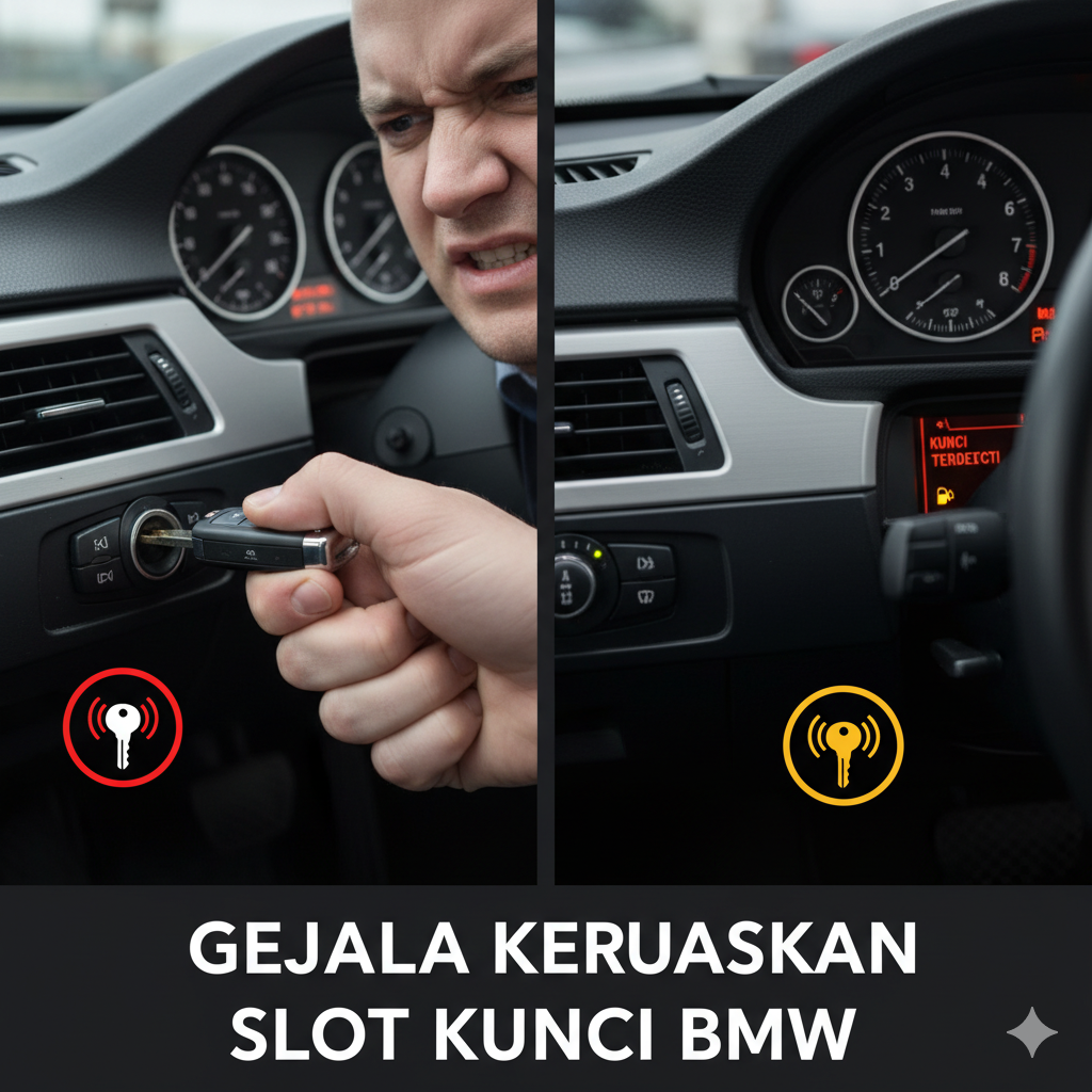 A split visual showing two common failure symptoms. On the left, a BMW key fob is shown 'stuck' or unable to be pulled out of the slot, with a frustrated hand attempting to pull it. On the right, a close-up of the BMW E90 dashboard showing a warning light or text message like 'Key Not Detected' in yellow or red color, perhaps with the Key Slot indicator light blinking. Use a clean, digital style with clear icons (lock, key) to represent the symptoms clearly against a dark interior background.