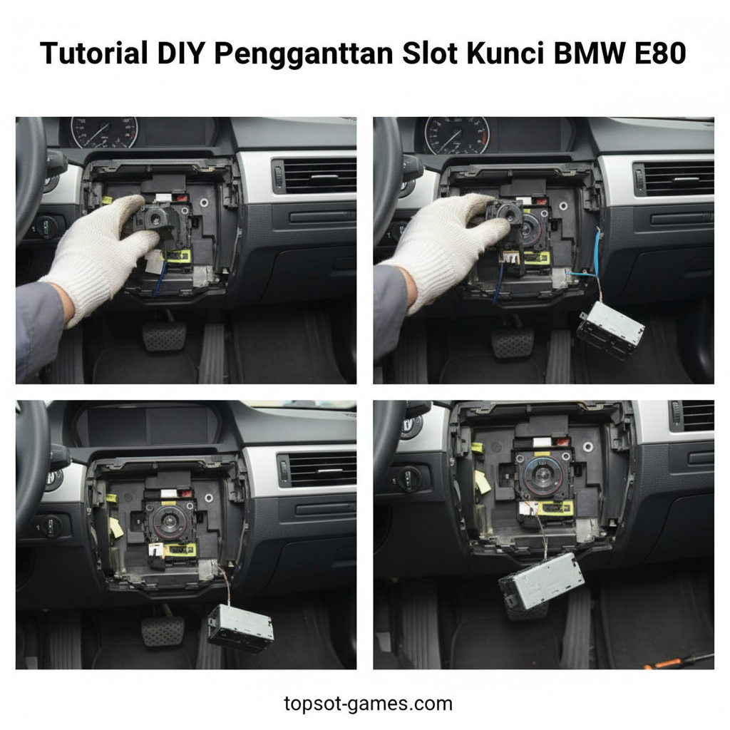A clear, multi-step image depicting the DIY Key Slot replacement process. Show a mechanic's hand (wearing a glove) in the process of physically removing the old Key Slot module from under the steering column of a BMW E90 (the dashboard plastic trim should be partially removed). The shot should also include a new Key Slot module resting nearby and essential tools like a small screwdriver or trim removal tool. The color palette should be bright, using workshop lighting to emphasize the steps.
