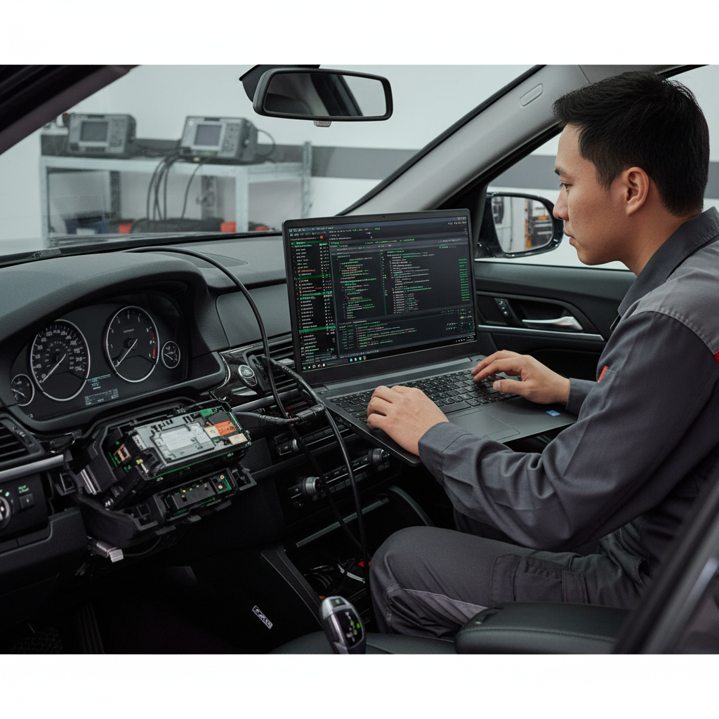 A professional setting at a BMW specialist workshop. The image should feature a laptop running BMW diagnostic software (like ISTA/D or a programmer interface, stylized to look technical with green/blue code on a dark screen) connected to the BMW's OBD-II port (or the CAS module directly). The focus is on the crucial 'coding/programming' step mentioned in the article, emphasizing the complexity that amateurs cannot handle, highlighting the 'advantage' of using specialists for this complex electronic repair. The style is modern and high-tech.