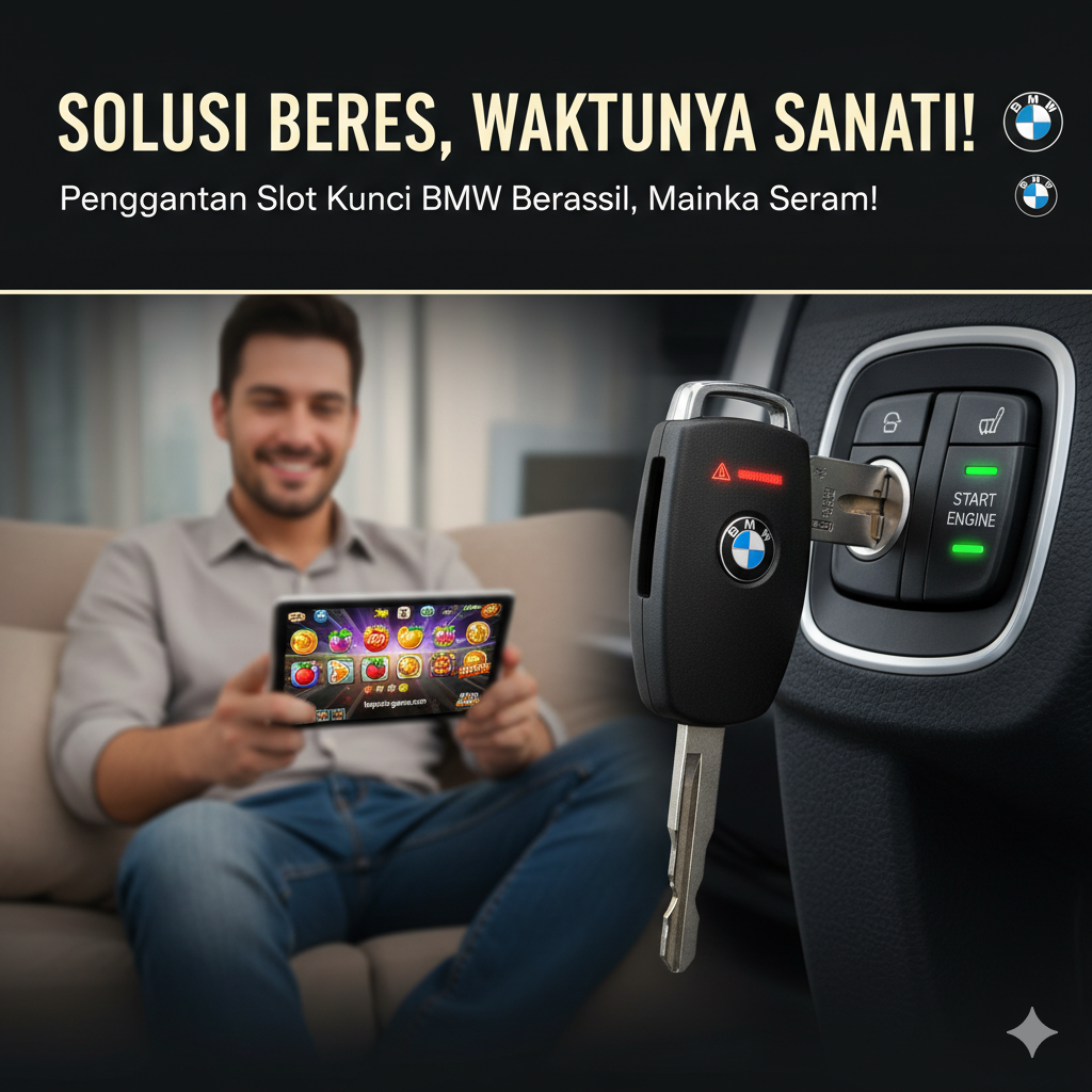 A 'before and after' or 'problem solved' scenario with a concluding, positive, and inviting feel, aligning with the website's theme. The main subject is a perfectly working Key Slot with the BMW Key Fob inserted and the engine started (green start light). In the background, subtly blurred, a happy person is looking at a smartphone or tablet screen showing a fun, colorful online slot game (representing the website). This visually links the solved technical problem (the key slot) with the call to action (the fun games).