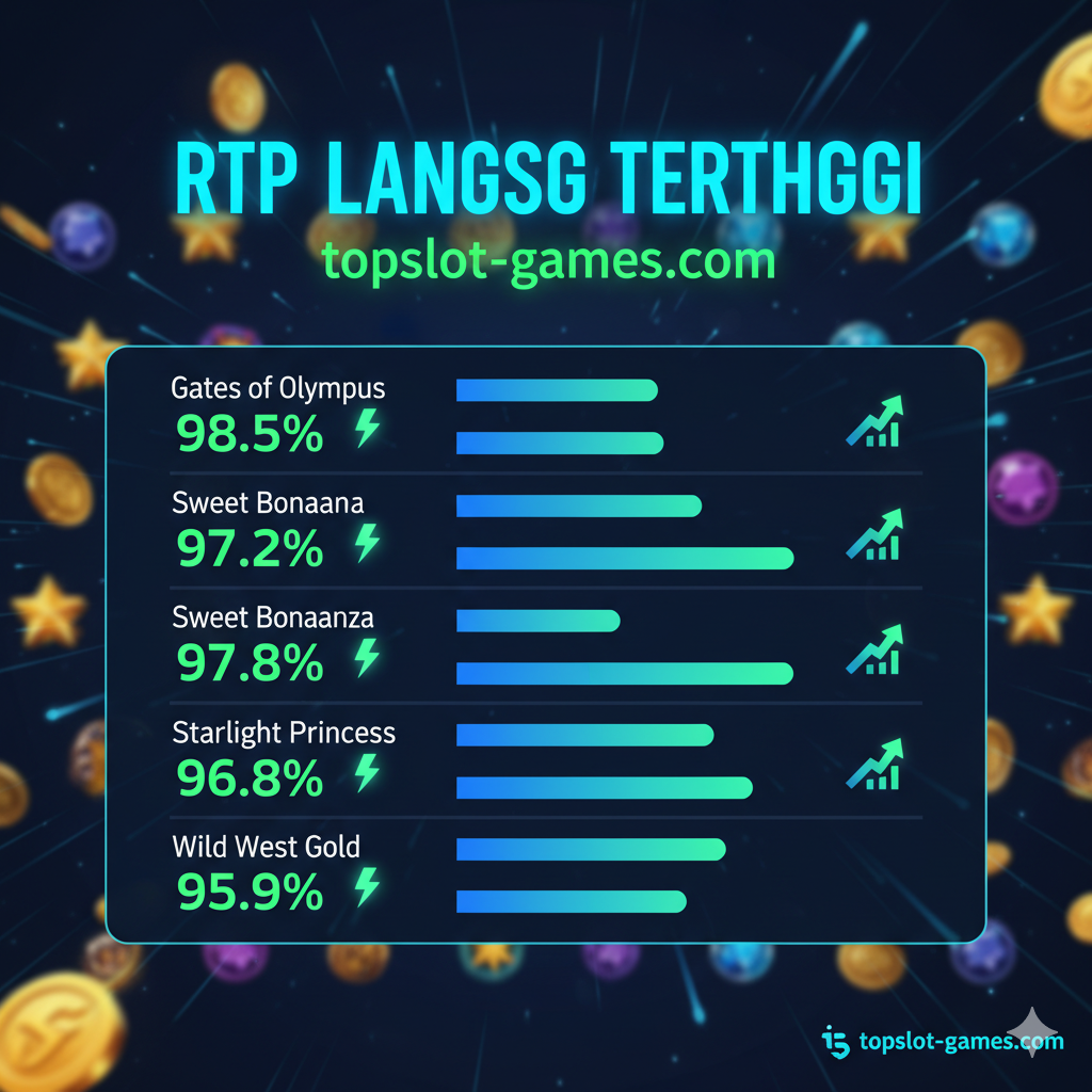 Gambar fokus pada fitur utama topslot-games.com, yaitu 'RTP Live Tertinggi'. Tampilkan tampilan antarmuka (UI) fiktif dari sistem 'RTP Live' yang menunjukkan daftar beberapa game populer (seperti 'Gates of Olympus' dan 'Sweet Bonanza') dengan persentase RTP yang tinggi (misalnya, 98.5% dan 97.2%) dalam grafik batang atau angka besar yang mencolok. Warna dominan harus biru dan hijau neon, memberikan kesan data digital dan teknologi. Di latar belakang, ada gambar ringan simbol koin dan scatter. Pastikan ada penekanan visual pada akurasi dan kecepatan data yang disajikan, menggunakan ikon kilat (⚡) atau panah ke atas (📈).