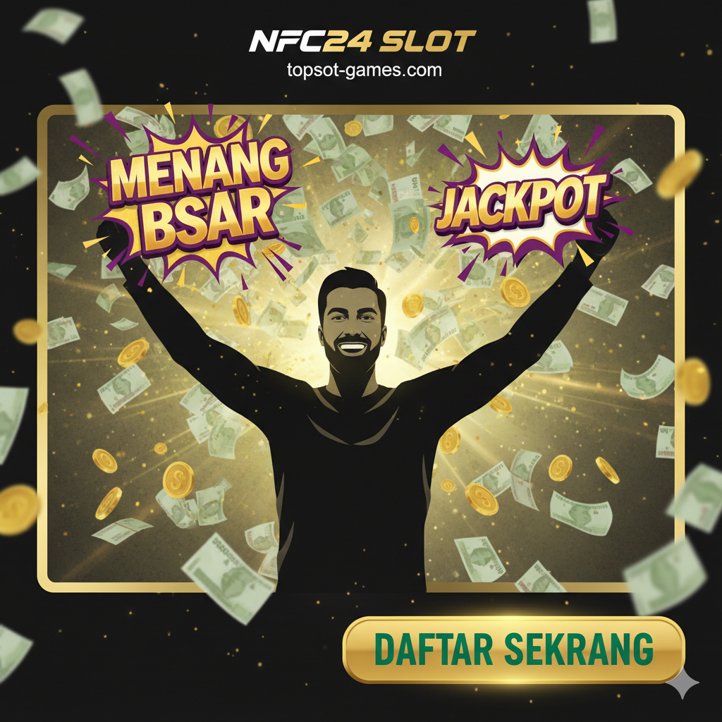 Gambar kesimpulan yang memotivasi dan mengundang aksi, berfokus pada kemenangan dan keuntungan bermain di topslot-games.com. Tampilkan sosok pemain yang sedang tersenyum puas (bisa berupa siluet atau ilustrasi modern) dengan latar belakang yang dipenuhi hujan uang (koin dan tagihan Rupiah) dan notifikasi 'BIG WIN' atau 'JACKPOT'. Di sudut, letakkan tombol Call-to-Action (CTA) yang besar dan menonjol bertuliskan 'DAFTAR SEKARANG' dalam warna hijau atau emas yang kontras. Kesan gambar harus optimis, kaya, dan berenergi tinggi, menggunakan warna emas, hijau, dan ungu royal.