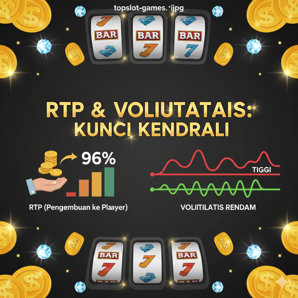 Visual yang berfokus pada konsep 'A' (RTP) dan 'B' (Volatilitas) dari panduan. Di sisi kiri, representasi 'RTP' berupa diagram batang sederhana atau ikon koin yang mengalir kembali ke tangan pemain, menekankan persentase pengembalian. Di sisi kanan, representasi 'Volatilitas' berupa dua jalur: satu jalur bergelombang kecil dan sering (Volatilitas Rendah) dan satu jalur bergelombang tinggi dan jarang (Volatilitas Tinggi), menggunakan warna kontras (misalnya, hijau untuk rendah, merah untuk tinggi). Di tengah gambar, teks kunci 'RTP & Volatilitas: Kunci Kendali' harus muncul, dengan latar belakang elemen-elemen mesin slot seperti simbol koin emas dan berlian yang terdistribusi secara seimbang dan profesional. Komposisi seimbang horizontal.