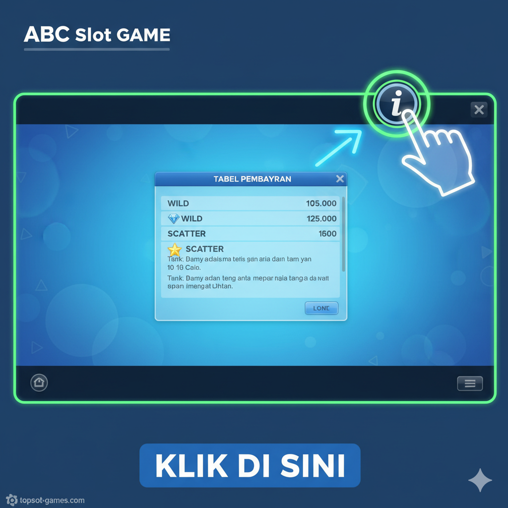 Gambar petunjuk langkah demi langkah yang menekankan pentingnya membaca Paytable. Tunjukkan perspektif mata burung (top-down view) pada layar mesin slot digital. Fokus utama harus pada ikon 'i' atau 'Paytable' yang menonjol dan disorot dengan lingkaran atau panah neon yang mengarah ke bagian tabel pembayaran yang berisi daftar simbol (Wild, Scatter) dan nilainya. Penggunaan warna biru dan hijau yang menenangkan untuk elemen antarmuka slot untuk kontras dengan sorotan petunjuk. Gambarkan tangan digital yang sedang 'mengetuk' ikon 'i'. Komposisi harus menyerupai tangkapan layar tutorial yang jelas dan mudah diikuti, seolah-olah mengundang pengguna untuk 'Klik Di Sini'.