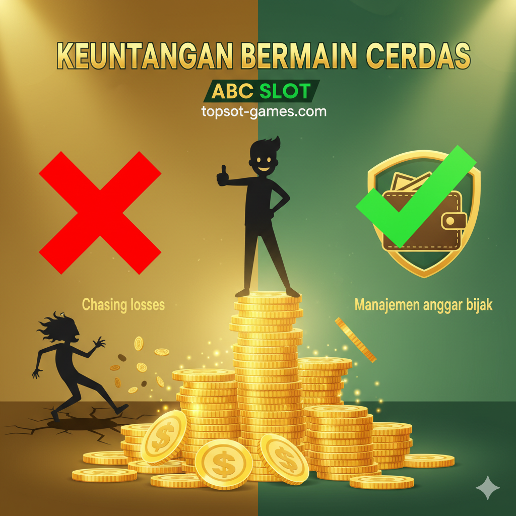 Visual yang mewakili keuntungan bermain slot secara cerdas dan menghindari kesalahan pemula. Gambarkan seorang pemain (karakter siluet atau ikonik) yang tersenyum dan percaya diri, berdiri di atas tumpukan koin emas yang melambangkan bankroll yang dikelola dengan baik. Di latar belakang, ada dua ikon besar yang kontras: satu ikon 'X' merah besar melintasi gambar orang yang panik sedang mengejar kerugian (chasing losses) dan satu ikon 'Check Mark' hijau besar di sebelah gambar dompet atau piggy bank yang utuh, melambangkan manajemen anggaran yang bijak. Gaya harus optimis, dengan pencahayaan yang terang dan warna emas yang mendominasi untuk menyiratkan kesuksesan dan kendali diri.