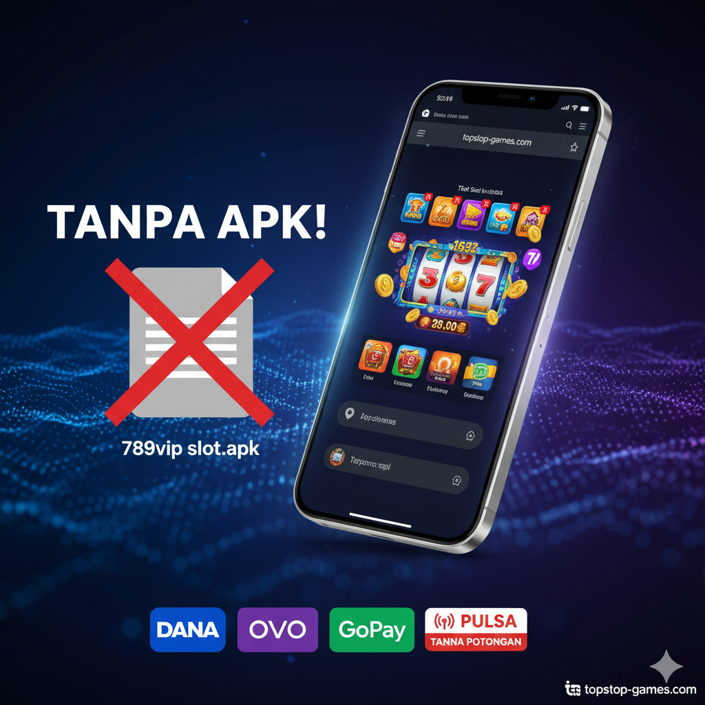 Gambar yang menyoroti keunggulan aksesibilitas. Di tengah, sebuah smartphone modern menampilkan antarmuka game slot topslot-games.com yang mulus dan responsif. Di sebelahnya, terdapat ikon file '789vip slot.apk' yang dicoret merah tebal, dengan teks 'Tanpa APK!'. Di latar depan, logo metode deposit populer seperti DANA, OVO, GoPay, dan 'Pulsa Tanpa Potongan' ditampilkan dengan jelas.