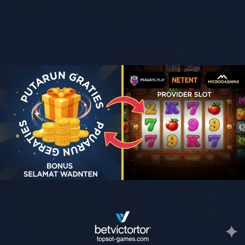 Visual yang berfokus pada fitur inti: Bonus dan Provider Slot. Gambar harus berupa tata letak yang terbagi menjadi dua bagian. Bagian kiri: Ikon hadiah, koin tumpukan, dan animasi Free Spins, merepresentasikan 'Bonus Selamat Datang' yang kompetitif. Bagian kanan: Deretan kecil logo provider teratas (Pragmatic Play, NetEnt, Microgaming) yang terorganisir rapi di latar belakang antarmuka game slot yang stylish. Gunakan panah atau garis penghubung untuk menunjukkan alur antara Bonus dan koleksi game, dengan warna cerah untuk menyorot elemen-elemen ini.
