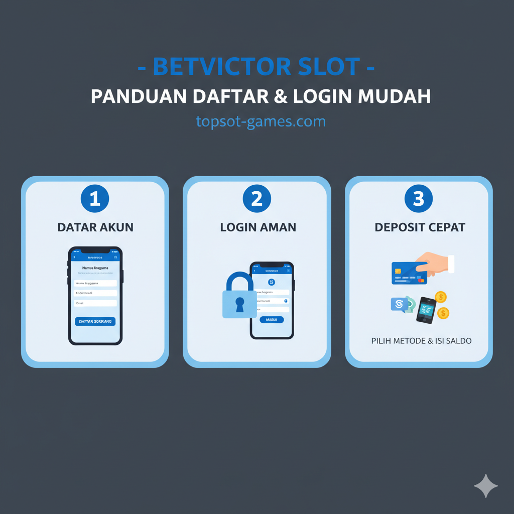 Infografis langkah demi langkah yang sederhana dan bersih untuk panduan 'Daftar & Login'. Tiga kotak berlabel yang disusun secara horizontal (atau vertikal jika format lebih kecil) dengan ikon angka 1, 2, dan 3. Ikon 1: Layar smartphone dengan formulir pendaftaran terbuka (mewakili 'Daftar'). Ikon 2: Kunci dan layar login (mewakili 'Login Aman'). Ikon 3: Tangan yang memegang kartu bank/e-wallet dengan simbol mata uang (mewakili 'Deposit Cepat'). Gunakan palet warna biru dan putih yang lembut untuk memberikan kesan tutorial yang mudah diikuti dan terpercaya, kontras dengan latar belakang abu-abu gelap.