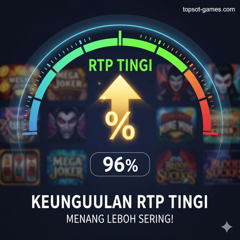 Visual yang menekankan keunggulan RTP (Return to Player) Tinggi. Gambar harus menampilkan grafik garis atau speedometer dengan jarum penunjuk yang berada di zona 'High RTP' (di atas 96%). Di latar belakang, thumbnail kecil dari game slot RTP tinggi yang disebutkan dalam artikel (misalnya, Mega Joker atau Blood Suckers) harus ditampilkan secara sekilas. Komposisi harus fokus pada simbol persentase besar yang bersinar dan ikon panah ke atas, menunjukkan peluang menang yang lebih baik. Gaya harus modern dan 'data-driven' untuk menarik pemain cerdas.
