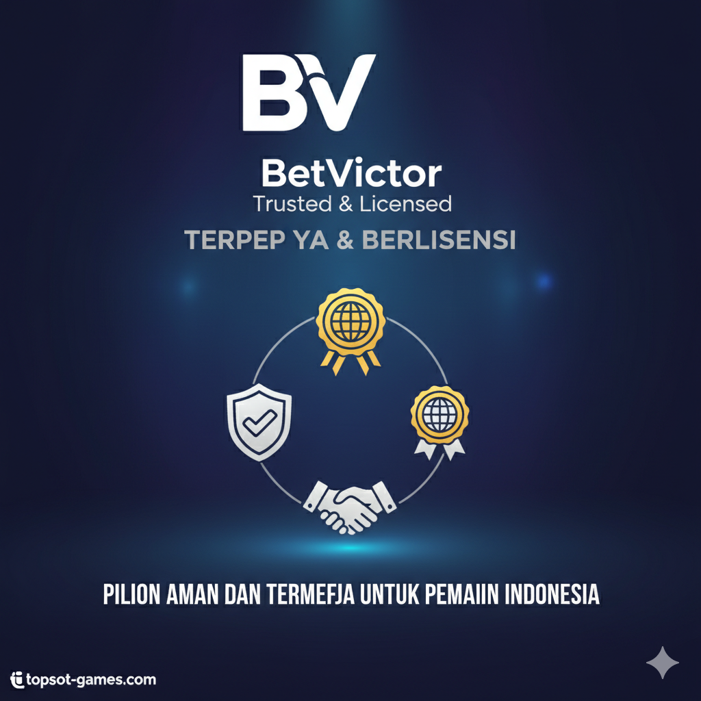 Gambar penutup yang menggarisbawahi kepercayaan dan kesimpulan. Tampilkan logo BetVictor dan label 'Trusted & Licensed' yang jelas. Di bawah logo, tiga ikon utama: Perisai (keamanan), Medali (reputasi global), dan Jabat Tangan (fair play), disusun secara melingkar. Latar belakangnya harus menciptakan suasana yang stabil dan profesional (mungkin biru tua atau ungu tua) dengan sedikit efek cahaya di tengah. Secara keseluruhan, gambar ini harus menyampaikan pesan 'Pilihan Aman dan Terpercaya untuk Pemain Indonesia' sebagai rangkuman akhir dari ulasan topslot-games.com.