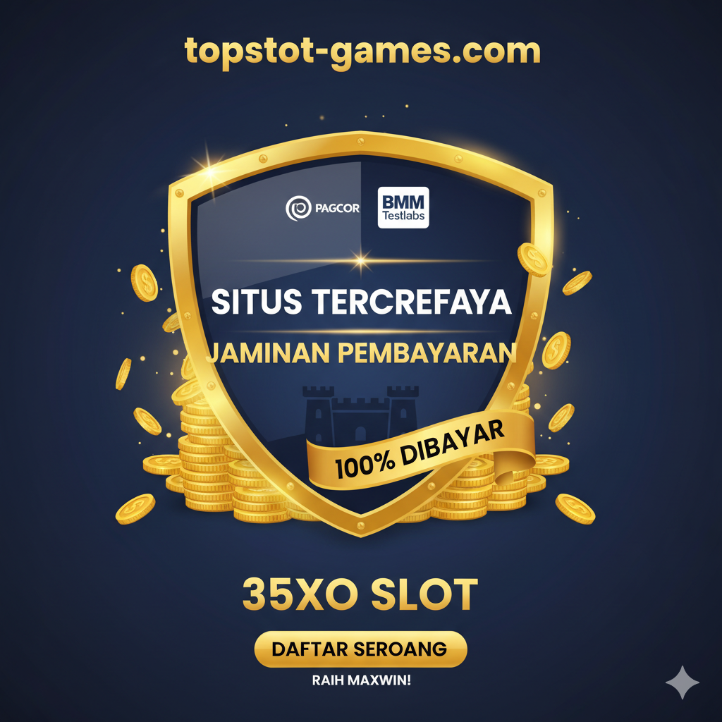 总结图片,强调'topslot-games.com Situs Terpercaya'和'Jaminan Pembayaran'。构图中心应是一个大而可靠的盾牌标志,上面有'PAGCOR'和'BMM Testlabs'的微小标志,象征着国际官方许可。盾牌周围环绕着金币堆和'100% Dibayar'的印尼语短语。整体色调稳重且信任感强,如深蓝色和金色,传达出顶级安全、合法运营和无忧提款的承诺,鼓励玩家立即注册并获得Maxwin。