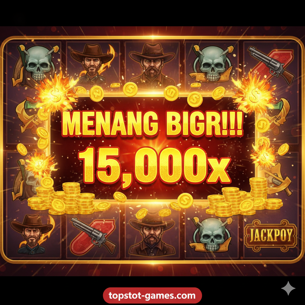 Visual yang berfokus pada keunggulan utama: Potensi Max Win 15.000x. Gambarkan skenario kemenangan besar. Fokus pada layar kemenangan ('BIG WIN' atau 'MAX WIN') dari game 2 Wild 2 Die yang sedang berputar. Di sekitar layar tersebut, tambahkan tumpukan koin emas virtual atau ikon jackpot meledak. Tekankan angka '15.000x' dengan font besar dan berani. Gaya gambar harus bersemangat dan 'gacor' (menggambarkan kemenangan yang mudah/sering), menggunakan warna kontras seperti kuning cerah dan merah menyala untuk menarik perhatian pemain Indonesia 'modal receh'.