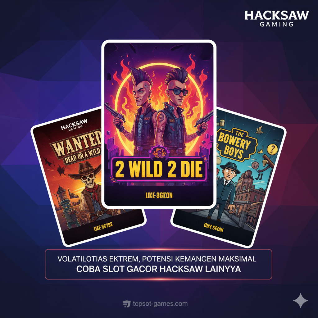 Gambar rangkuman yang juga berfungsi sebagai komparasi brand Hacksaw Gaming. Buat visual yang menampilkan tiga ikon slot Hacksaw yang populer (2 Wild 2 Die, Wanted Dead or a Wild, The Bowery Boys) dalam tata letak kartu. Letakkan 2 Wild 2 Die di posisi sentral dan sedikit lebih besar. Di bawahnya, tambahkan slogan singkat seperti 'Extreme Volatility, Max Win Potential' atau 'Coba Slot Gacor Hacksaw Lainnya'. Gunakan logo 'topslot-games.com' secara halus di bagian bawah untuk branding. Gaya gambar harus profesional dan menunjukkan keragaman portofolio penyedia.