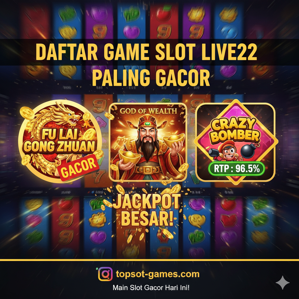 一张清晰易懂的教程信息图（infographic），展示“Panduan: Cara Daftar dan Login Live22”的步骤。图片分为三个简洁的步骤：第一步，显示一个指向 “topslot-games.com” 的浏览器图标，标注“1. Kunjungi Situs”。第二步，显示一个注册表单图标，标注“2. Isi Formulir”。第三步，显示一个“Login”按钮和游戏手柄图标，标注“3. Login & Main”。使用网站的品牌色调（如蓝色和白色），风格专业且用户友好。