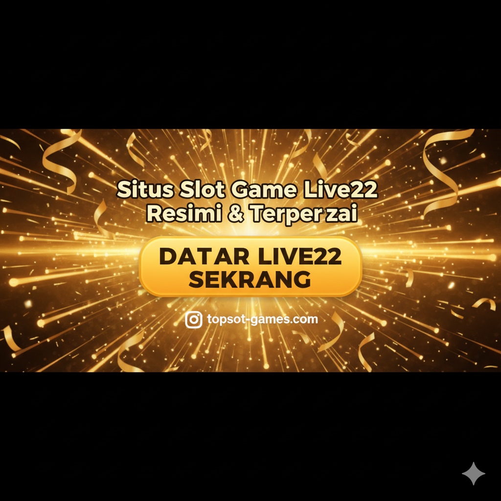 一张强烈的号召性用语（CTA）总结图片。图片中央是一个非常醒目的“DAFTAR LIVE22 SEKARANG”的按钮图形。背景是动态的、抽象的金色光效和庆祝彩带，营造出一种胜利和高级感。在按钮上方或下方，用清晰的字体写上“Situs Slot Game Live22 Resmi & Terpercaya”以及“topslot-games.com”的标志，旨在强化信任感并促使用户立即采取行动。