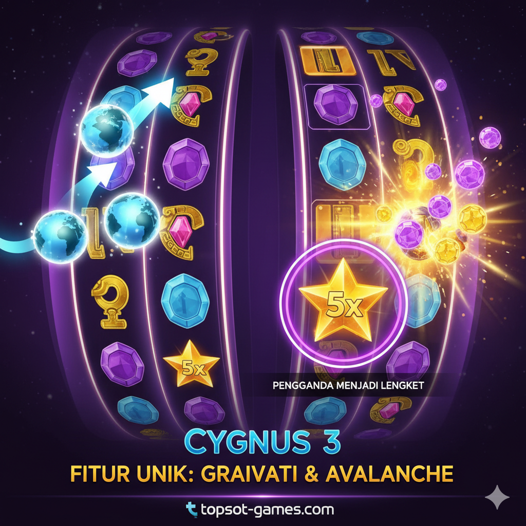 Gambar yang menyoroti fitur unik 'Cygnus 3'. Ini adalah bidikan close-up dari gulungan permainan yang sedang beraksi. Di sebelah kiri, menunjukkan mekanik 'Gravitasi' di mana simbol bola bergulir ke kiri bawah. Di sebelah kanan, menunjukkan efek 'Avalanche' di mana simbol pemenang meledak dan baris bertambah (dari 4 menjadi 5 baris). Simbol 'Multiplier Scatter' (bintang) diberi sorotan khusus, menunjukkan fungsinya sebagai pengganda yang bisa menjadi 'Sticky'. Palet warna cerah dengan efek cahaya neon untuk menonjolkan aksi.