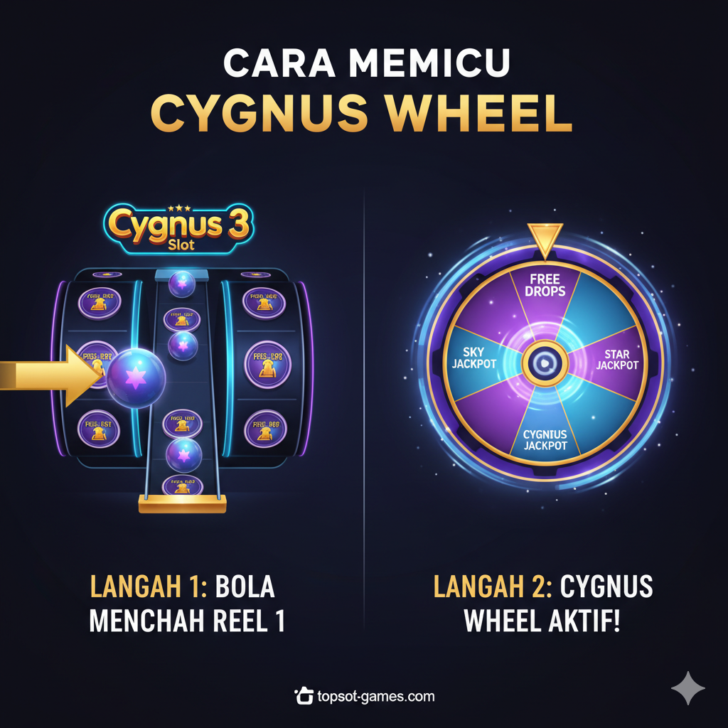 Gambar tutorial bergaya infografis yang menjelaskan 'Cara Menang' atau memicu bonus. Gambar dibagi menjadi dua langkah. Langkah 1 (kiri) menunjukkan sebuah simbol (bola) yang berhasil bergulir dan mencapai gulungan paling kiri (Reel 1), dengan panah besar menunjuk ke sana. Langkah 2 (kanan) menunjukkan 'Cygnus Wheel' yang megah sedang aktif dan berputar, dengan segmen yang jelas terlihat bertuliskan 'Free Drops', 'Sky Jackpot', 'Star Jackpot', dan 'Cygnus Jackpot'. Gaya visual bersih, informatif, dan mudah dipahami.