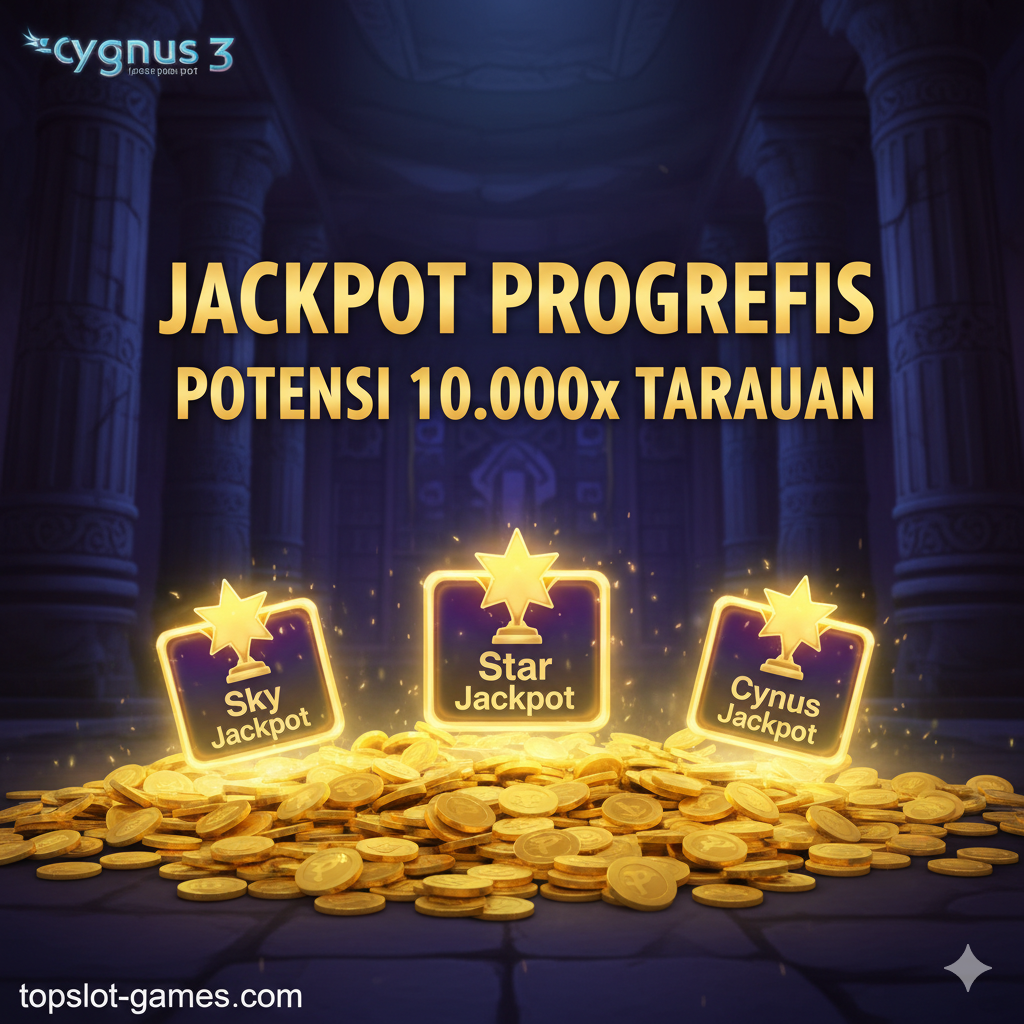 Gambar yang menonjolkan keunggulan utama: Jackpot dan Kemenangan Maksimum. Visual ini menampilkan tumpukan koin emas yang melimpah (menggambarkan Rupiah) di bagian bawah. Di atasnya, tiga piala atau emblem jackpot (Sky, Star, Cygnus) bersinar terang. Di tengah, teks 'Jackpot Progresif' dan 'Potensi 10.000x Taruhan' ditulis dengan font tebal berwarna emas. Latar belakang adalah interior kuil kuno yang remang-remang, membuat elemen jackpot di depan menjadi sangat menonjol dan menarik.