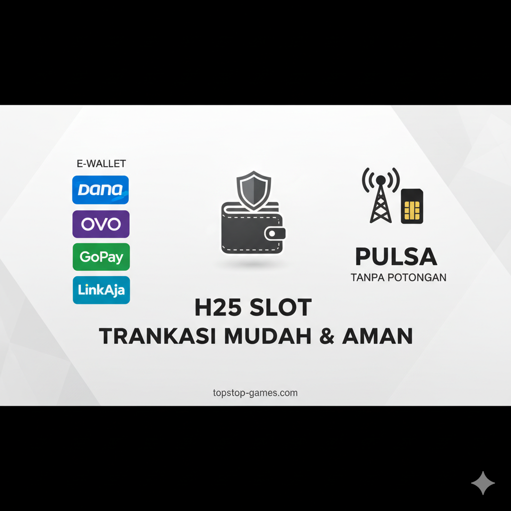 Gambar modern yang menampilkan logo E-Wallet populer di Indonesia (Dana, OVO, GoPay, LinkAja) dan fitur deposit pulsa tanpa potongan, menyoroti kemudahan transaksi H25 Slot Wallet dan Pulsa.