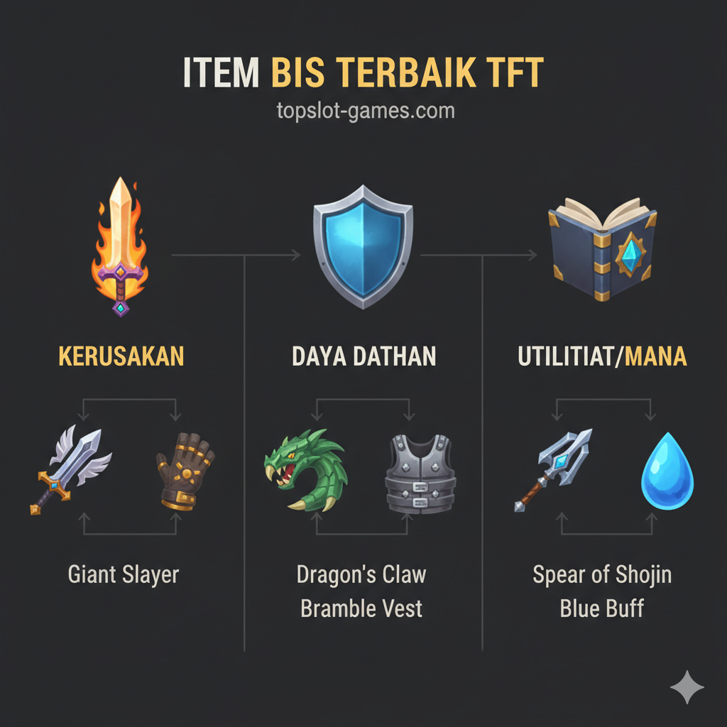 Ilustrasi fungsional yang menjelaskan kategori item BIS. Gambar harus berupa infografis minimalis dengan latar belakang gelap. Tiga kolom utama yang diwakili oleh ikon besar: Kerusakan (ikon pedang berapi), Daya Tahan (ikon perisai), dan Utilitas/Mana (ikon air biru atau buku sihir). Di bawah setiap ikon, tampilkan 2-3 item kunci (misalnya, Giant Slayer di bawah Kerusakan, Dragon's Claw di bawah Daya Tahan, Spear of Shojin di bawah Utilitas). Gunakan panah atau garis penghubung untuk menunjukkan hubungan, menjaga tampilan tetap ringkas dan informatif.