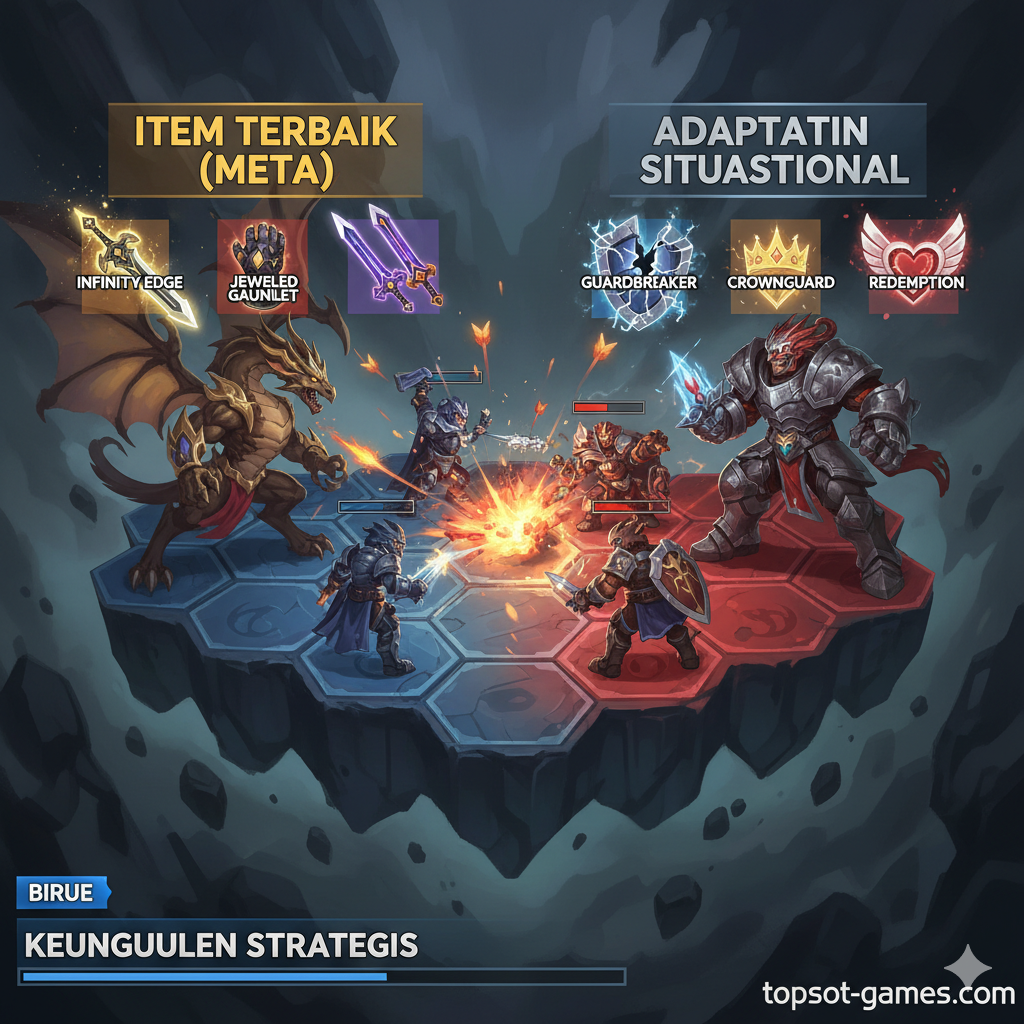 Gambar yang menyoroti keunggulan adaptasi dan item situasional. Konsep visual berupa tim TFT yang berhadapan (biru vs merah). Di sisi biru, tim digambarkan memiliki item BIS yang ideal dan disorot, menyimbolkan kekuatan meta. Di sisi merah, tampilkan unit yang dilengkapi item 'Substitusi' (misalnya, Guardbreaker menggantikan Last Whisper), tetapi unit tersebut masih terlihat kuat dan adaptif, menekankan bahwa pemain pro tahu cara beradaptasi dengan item yang tersedia. Gaya dinamis, menunjukkan momen penting pertempuran untuk mencerminkan keunggulan strategis.