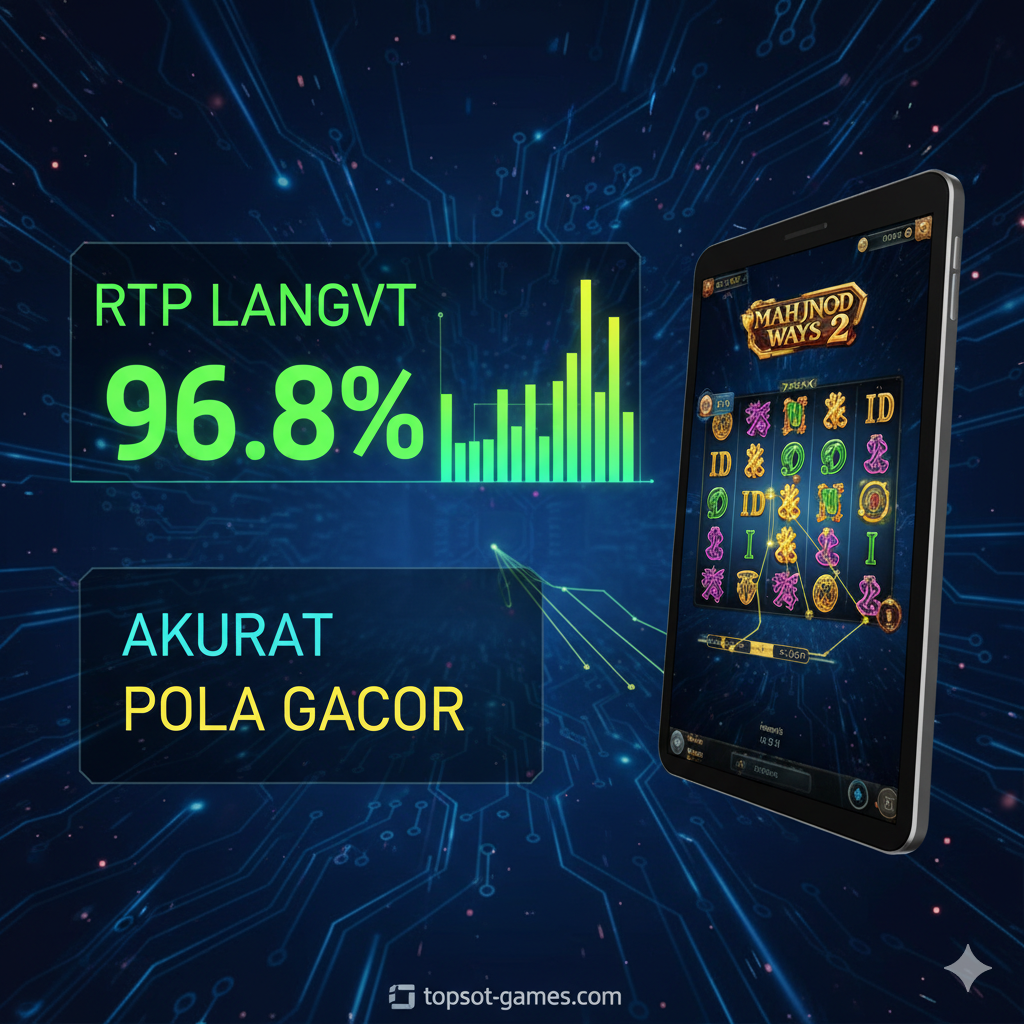 Visualisasi yang menyoroti fitur 'RTP Live Akurat' dan 'Pola Gacor'. Tampilkan antarmuka digital yang futuristik dengan grafik batang atau persentase angka besar yang menunjukkan 'RTP Live 96.8%'. Di sampingnya, ada tablet atau smartphone yang menampilkan cuplikan layar dari game PG Slot yang sedang dimainkan (misalnya Mahjong Ways 2) dengan beberapa simbol kemenangan (Wilds, Scatter) yang disorot. Gunakan warna hijau dan kuning untuk menyorot angka RTP yang 'gacor' (tinggi). Latar belakang harus mencerminkan suasana analisis data dan kecepatan, seperti papan sirkuit digital yang samar-samar.