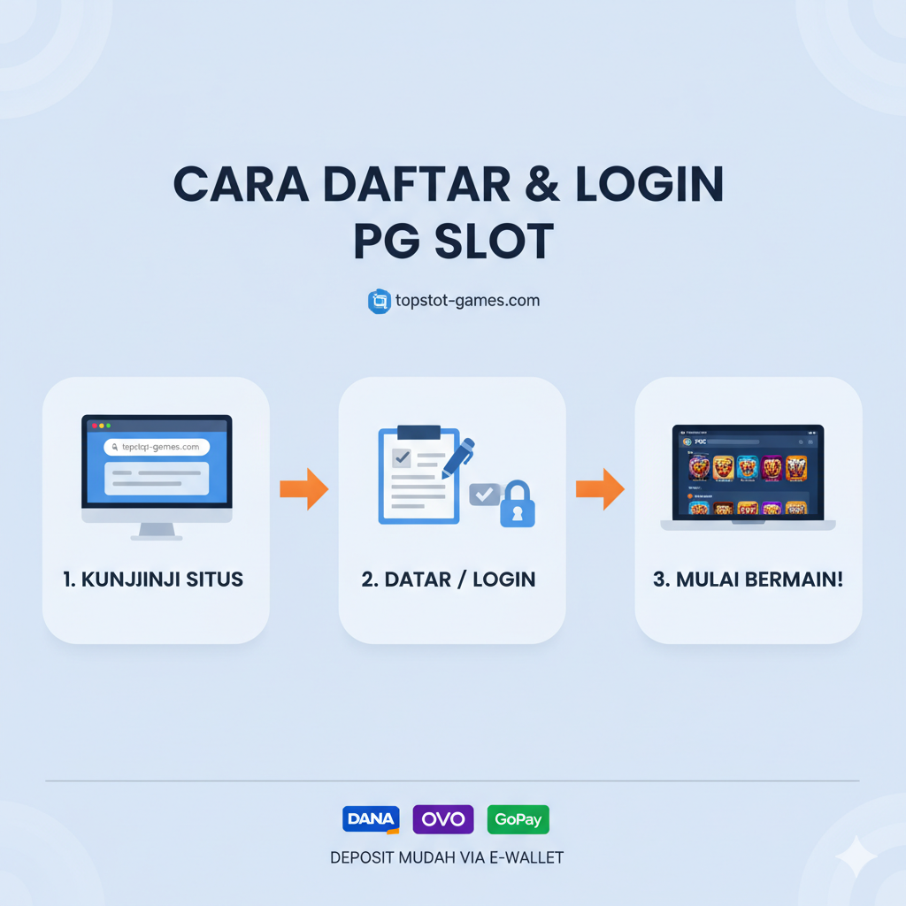 Ilustrasi alur proses pendaftaran dan login yang sederhana. Gunakan skema 3-4 langkah berbentuk infografis dengan ikon-ikon yang jelas: Ikon 'Formulir' untuk Daftar, Ikon 'Kunci' untuk Login, dan Ikon 'Smartphone/Laptop' yang menampilkan lobi game PG Slot. Skema harus menggunakan panah progresif yang mengarahkan dari langkah awal (Kunjungi topslot-games.com) hingga langkah akhir (Mulai Bermain). Gunakan palet warna yang bersih dan profesional, seperti biru muda, putih, dan aksen oranye, untuk memandu mata pengguna. Pastikan ikon bank/e-wallet (Dana, OVO, Gopay) ditampilkan kecil di bagian bawah untuk menekankan kemudahan deposit.