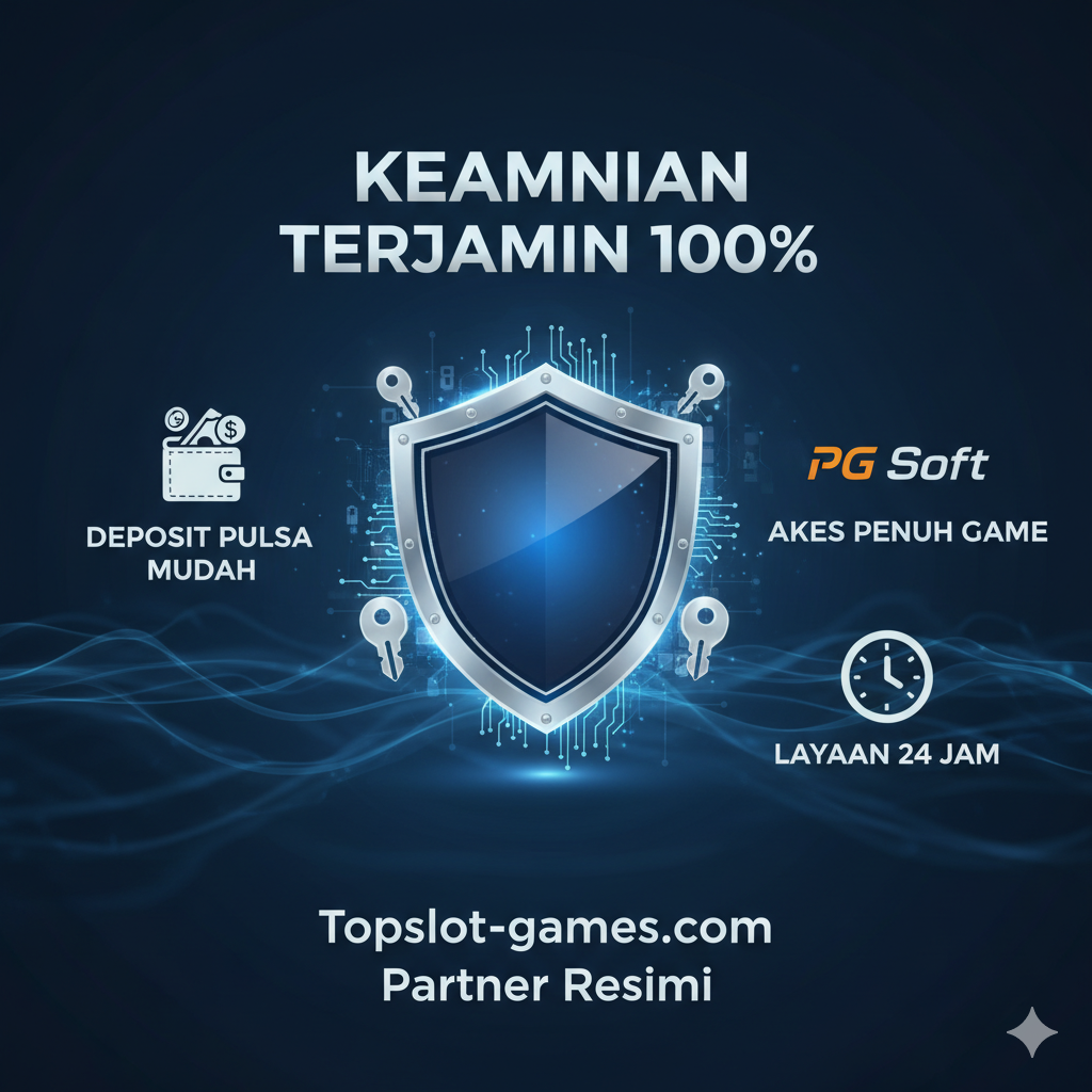 Komposisi yang berfokus pada keunggulan 'Keamanan Terjamin 100%' dan 'Deposit Pulsa Mudah'. Bagian utama harus menampilkan perisai besar (ikon Keamanan) yang bersinar, dikelilingi oleh kunci digital atau garis enkripsi. Di sisi-sisi perisai, letakkan ikon-ikon kecil yang mewakili keunggulan lain: uang koin/dompet (Deposit Mudah), ikon logo PG Soft (Akses Penuh Game), dan ikon jam (Layanan 24 Jam). Gaya gambar harus solid dan meyakinkan, menggunakan warna biru tua dan perak. Teks 'Topslot-games.com Partner Resmi' harus jelas di bagian bawah gambar sebagai penanda otoritas.