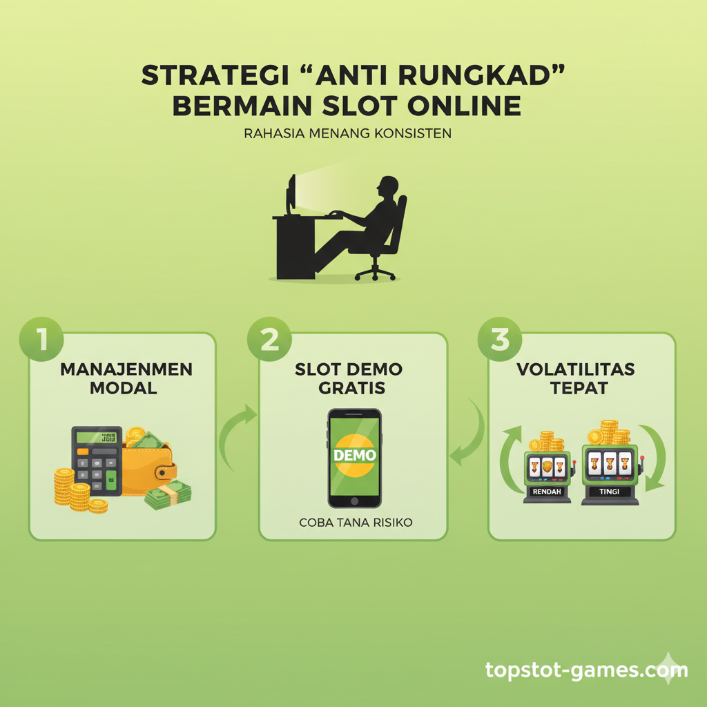 Gambar instruksional yang berfokus pada strategi bermain ('Anti Rungkad'). Tampilkan siluet seorang pemain yang duduk di depan layar komputer/HP, tetapi fokus utama adalah pada tiga poin strategi yang diangkat. Gunakan tata letak bergaya langkah-demi-langkah (1, 2, 3) atau flowchart sederhana. Poin visualnya adalah: 1. Ikon kalkulator/dompet (Manajemen Modal), 2. Ikon HP/layar dengan tulisan 'DEMO' (Slot Demo Gratis), dan 3. Ikon dua jenis mesin slot (rendah vs tinggi) dengan panah melengkung yang menggambarkan pemilihan Volatilitas Tepat. Palet warna hijau dan kuning untuk menyampaikan pesan 'aman dan cerdas'.