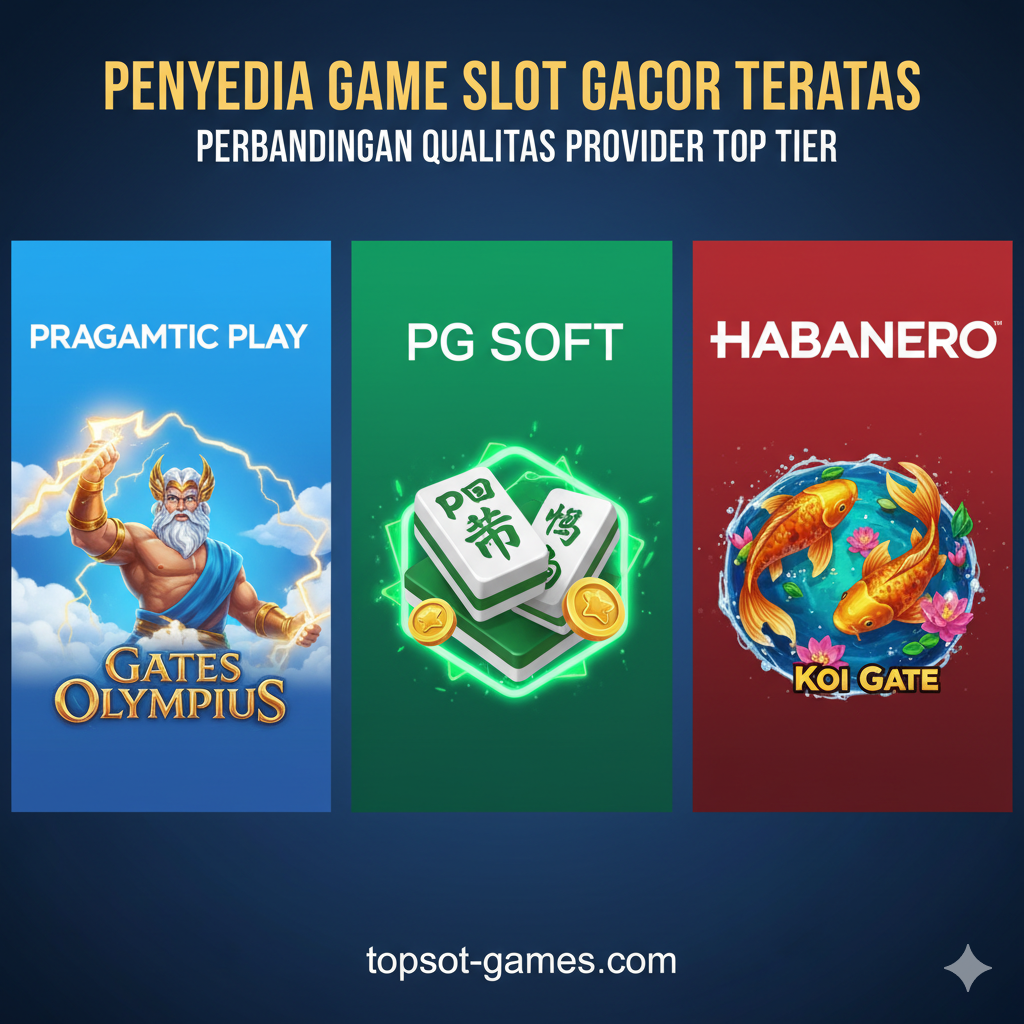 Gambar yang menonjolkan keunggulan game dari tiga Provider utama: Pragmatic Play, PG Soft, dan Habanero. Gunakan komposisi tiga panel atau kolom. Setiap kolom mewakili satu provider dengan logonya yang jelas. Di bawah logo Pragmatic Play, tampilkan ilustrasi Zeus (Gates of Olympus); di bawah PG Soft, tampilkan ikon dari Mahjong Ways; dan di bawah Habanero, tampilkan ikan Koi (Koi Gate). Gunakan kontras yang kuat antara latar belakang dan ikon game untuk menonjolkan kualitas visual masing-masing provider. Tujuan visualnya adalah perbandingan kualitas 'Top Tier Providers'.