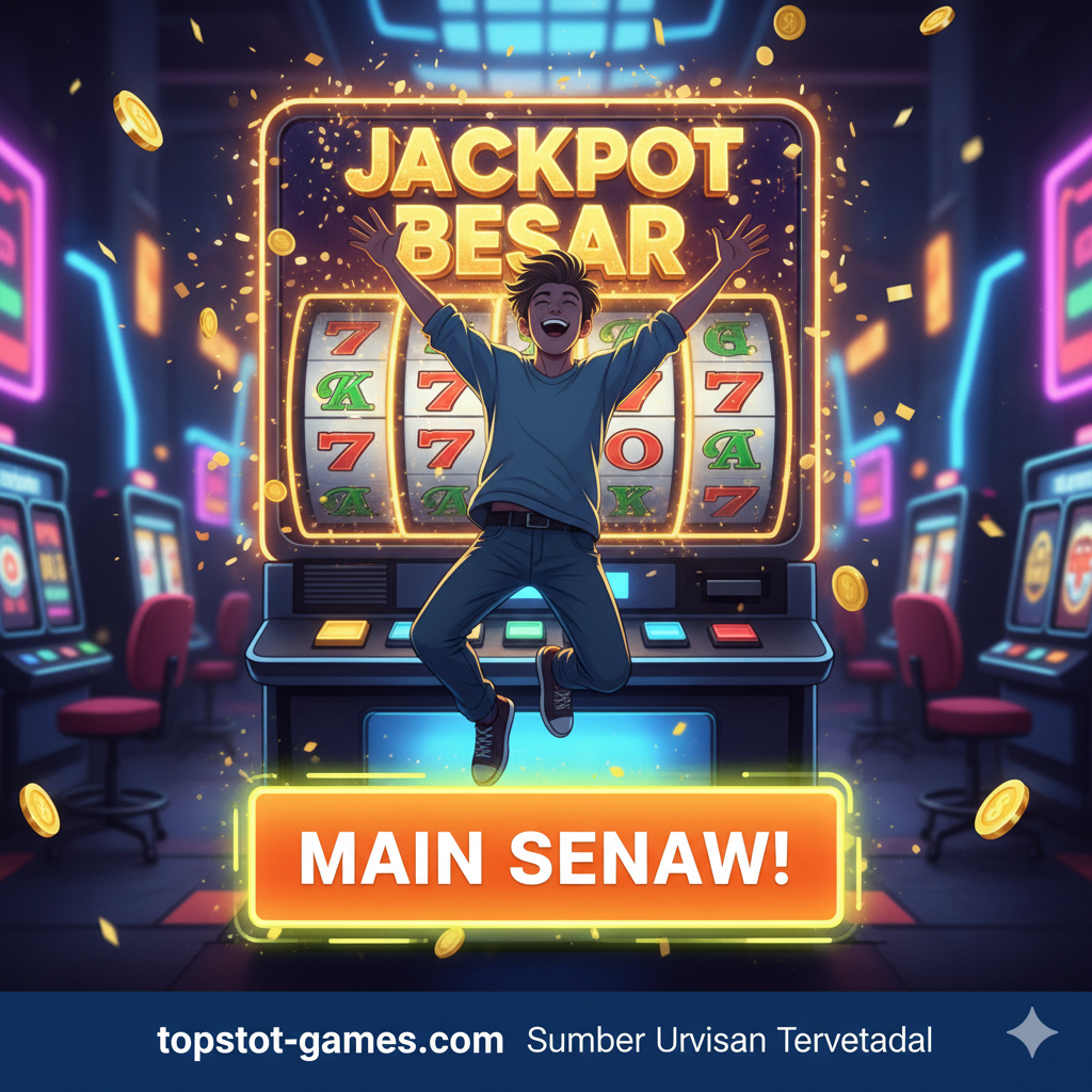 Gambar penutup yang berfungsi sebagai ajakan bertindak (Call to Action). Tampilkan seorang pemain (bisa berupa kartun atau figur siluet) yang sedang mengangkat tangan ke udara dengan ekspresi kemenangan/euforia, di belakangnya terdapat layar slot besar yang menampilkan pesan 'JACKPOT BESAR' atau 'MENANG'. Di latar depan, letakkan tombol virtual besar berwarna cerah dengan tulisan 'MAIN SEKARANG!' atau 'KLAIM BONUS ANDA'. Desain harus optimis, bersemangat, dan langsung mendorong pengguna untuk mengklik tautan dalam artikel. Slogan 'topslot-games.com Sumber Ulasan Terpercaya' harus disertakan di bagian bawah gambar.