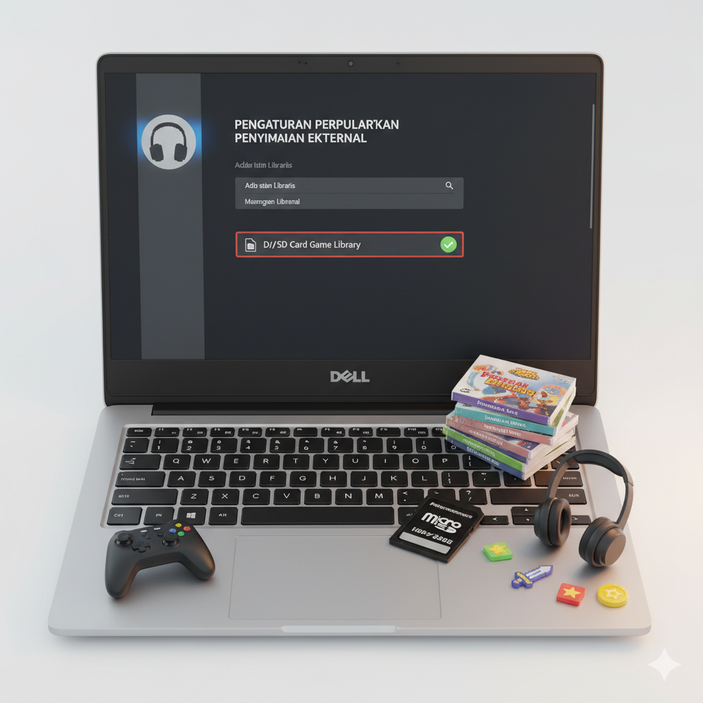 Konsep tutorial menggunakan SD card untuk penyimpanan game, menunjukkan layar Dell XPS 13 dengan setting library game eksternal di kartu SD
