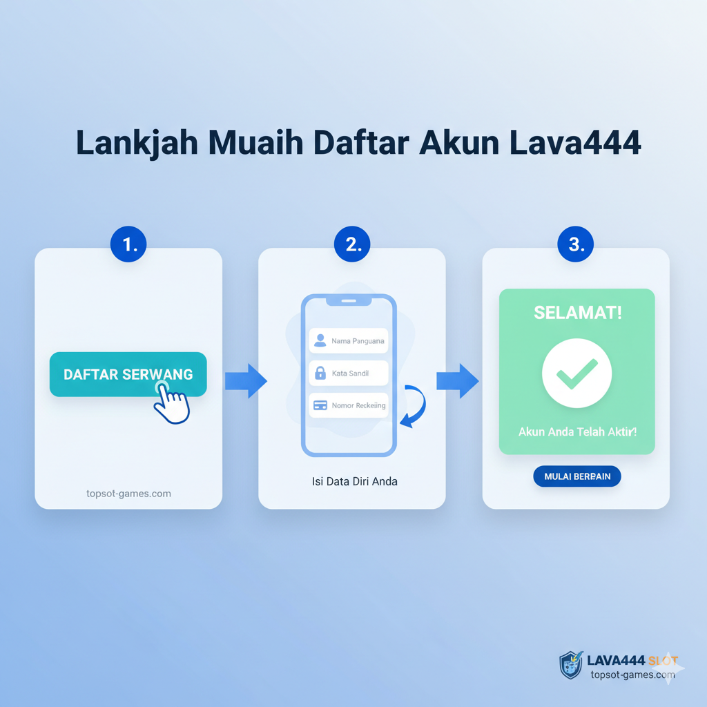 教程图片的主题是'Langkah Mudah Daftar Akun Lava444'，采用分步指导的视觉风格。画面应分解为三个编号或箭头连接的步骤：1. 点击一个'DAFTAR'按钮的特写；2. 一个抽象的表单或手机屏幕，里面有填写信息的图标（例如：用户名、密码、银行卡）；3. 一个显示'SELAMAT!'或'Akun Aktif'的成功提示框。整体采用简洁、干净的UI/UX设计风格，配色可以使用蓝白色系或绿色系，给人以清晰、易懂、操作简单的感觉。使用手势图标（如点击的手指）来引导用户的注意力。