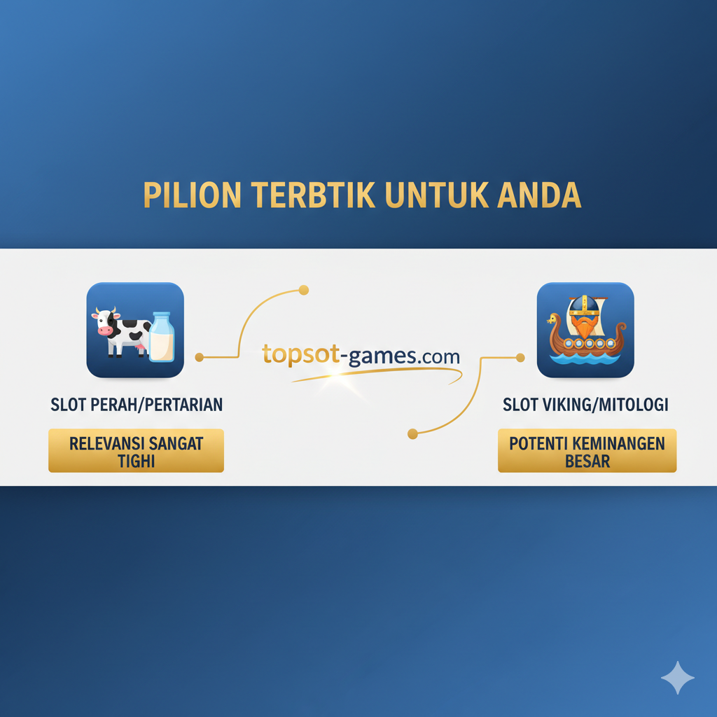 Visual yang menyoroti keunggulan topslot-games.com dalam menyajikan variasi game yang relevan. Gambar adalah perbandingan grafis yang bersih dan modern. Di sisi kiri, ikon Sapi/Susu dan teks 'Dairy/Farm Slots' (mewakili Milk The Cash Cow) dengan label 'High Specific Relevance'. Di sisi kanan, ikon kapal panjang Viking dan helm (mewakili Thunderstruck II/Vikings Go Berzerk) dengan label 'High Payout Potential'. Di tengah, logo 'topslot-games.com' sebagai platform penghubung yang menawarkan kedua opsi tersebut. Palet warna biru dan putih profesional dengan aksen emas untuk menunjukkan kualitas dan pilihan terbaik.
