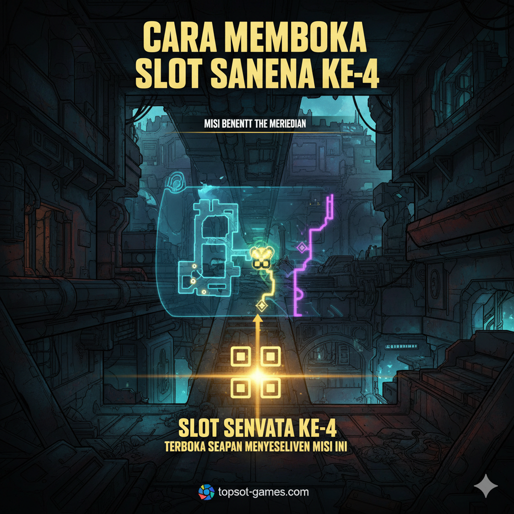 Representasi visual dari fungsi atau kunci yang membuka slot ke-4. Fokus utama adalah pada 'Misi Beneathe the Meridian'. Tampilkan screenshot atau ilustrasi artistik yang menunjukkan peta misi atau lokasi penting di Promethea, seperti area bawah kota (The Forgotten Basilica atau sejenisnya) yang gelap dan industri. Gunakan palet warna yang lebih gelap, kontras dengan cahaya neon dari teknologi Eridian atau sisa-sisa kota. Gambar harus menyertakan ikon 'Slot Senjata' BL3 yang bersinar cerah sebagai penunjuk hadiah yang didapatkan setelah menyelesaikan area tersebut. Penekanan pada jalur progres misi sebagai kunci utama.