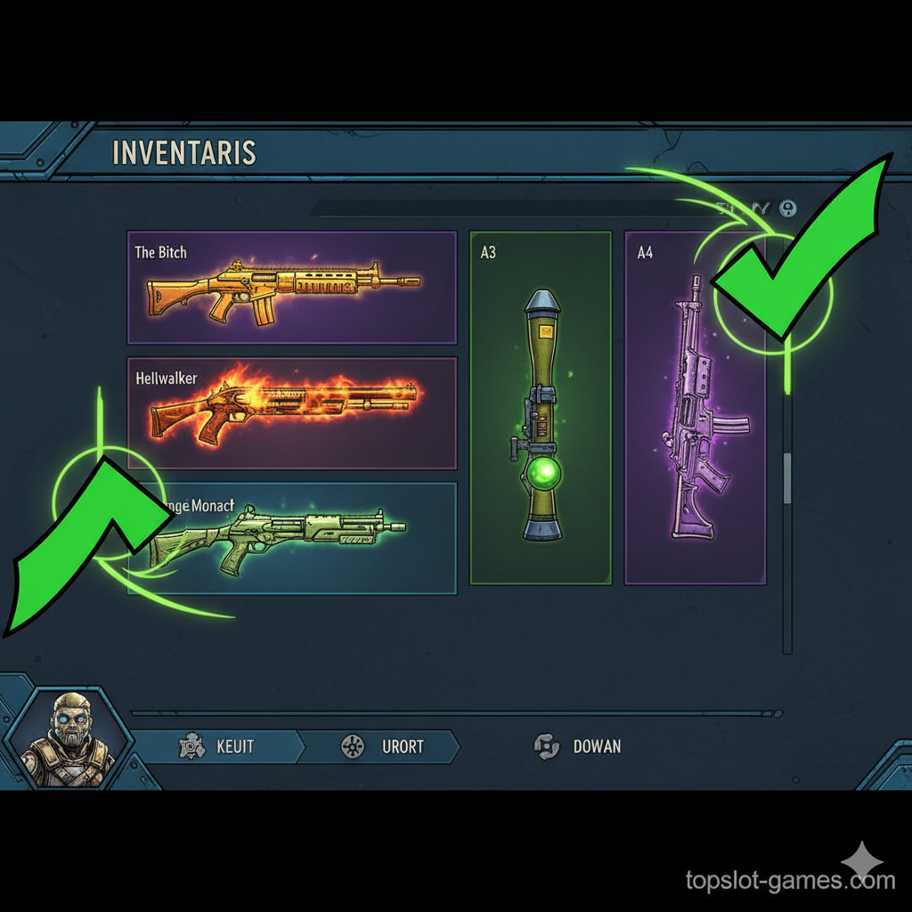 Visual yang jelas dan instruktif yang meniru layar 'Inventory' di dalam game Borderlands 3. Tampilkan antarmuka inventaris (HUD) dengan fokus pada empat slot senjata yang kini terisi penuh. Gunakan warna dan ikon UI yang akurat dari BL3. Setiap slot harus diisi dengan senjata legendaris yang berbeda (misalnya, The Bitch, Hellwalker, Plaguebearer), menyorot kegunaan slot baru. Tambahkan panah atau tanda centang hijau cerah di sekitar slot keempat untuk menekankan bahwa slot itu kini telah dibuka. Gambar ini secara langsung menunjukkan hasil dari tutorial.