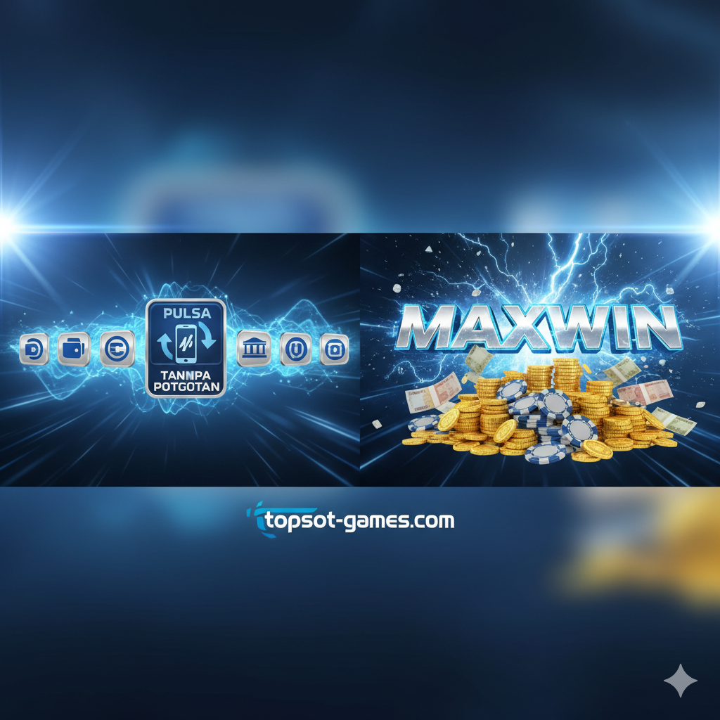 Visualisasi yang menyoroti keunggulan transaksi dan kemenangan. Komposisi terbagi dua: di sisi kiri, tampilkan ikon-ikon metode deposit fleksibel (Logo E-Wallet, Logo Bank, dan terutama ikon 'Deposit Pulsa' tanpa potongan). Di sisi kanan, visualisasikan simbol 'MAXWIN' yang sangat besar dengan petir dan ledakan, serta tumpukan uang atau chip kasino. Palet warna harus biru dan perak untuk mencerminkan keamanan dan kecepatan transaksi, menunjukkan fleksibilitas topslot-games.com.