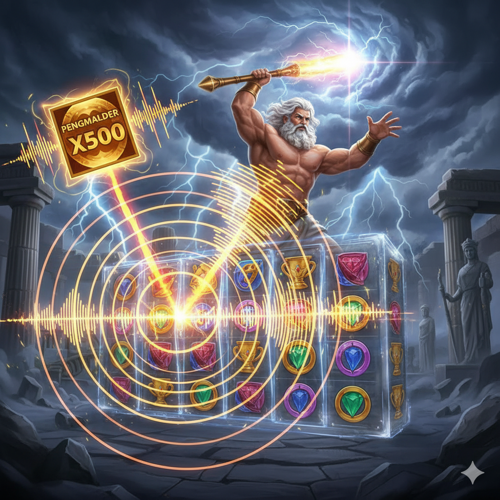 Gambar yang berfokus pada fitur ikonik 'Suara Petir Gates of Olympus'. Tampilkan adegan klimaks dari game slot tersebut, dengan visual Zeus yang sedang mengayunkan petirnya. Fokusnya adalah pada efek suara: harus ada visualisasi dramatis dari petir Zeus yang memicu gelombang suara berwarna emas/merah yang menggetarkan gulungan mesin slot. Di salah satu sudut, dapat ditambahkan elemen visual kecil yang mewakili 'Multiplier' besar (misalnya X500) yang bergetar karena suara, menyoroti bagaimana audio dan kemenangan saling terhubung. Gaya harus epik, mitologis, dan penuh aksi, dengan pencahayaan dramatis dari petir.