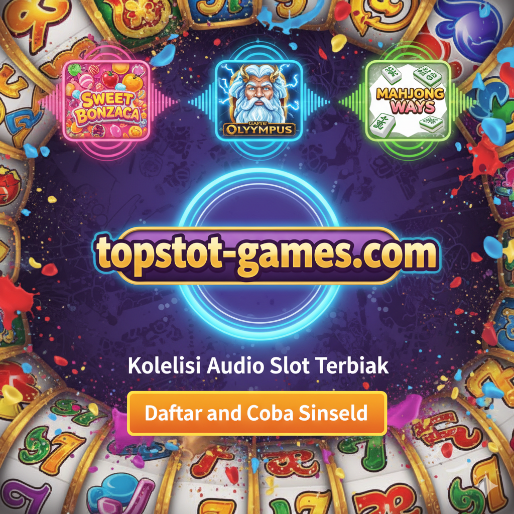 Gambar rangkuman yang berfungsi sebagai ajakan bertindak (Call to Action) dan menunjukkan koleksi game. Tampilkan tiga ikon slot mini (misalnya ikon dari Sweet Bonanza, Gates of Olympus, dan Mahjong Ways) yang diletakkan dalam barisan, masing-masing memancarkan gelombang suara yang unik. Di bagian tengah, harus ada logo atau nama 'topslot-games.com' yang besar dan menonjol, dikelilingi oleh teks kecil 'Koleksi Audio Slot Terbaik'. Gunakan warna-warna cerah dan menarik yang terinspirasi dari game slot, dengan komposisi yang seimbang dan dinamis, mengajak pengguna untuk 'Mendaftar dan Coba Sendiri' audio fenomenal tersebut.