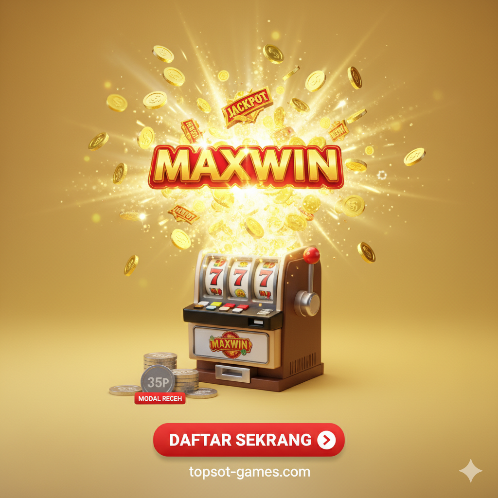 Visual penutup yang kuat dan memotivasi dengan ajakan bertindak (Call to Action). Komposisi yang dramatis: Tunjukkan sebuah ikon 'Maxwin' atau 'Jackpot Besar' yang meledak dari sebuah mesin slot (ikonik) kecil. Kunci visualnya adalah kontras antara kecil dan besar, yaitu taruhan '35P Slot' atau 'Modal Receh' (dilambangkan dengan koin kecil) menghasilkan 'MAXWIN' (dilambangkan dengan hujan koin emas dan cahaya terang). Gunakan warna-warna kemenangan seperti emas, merah cerah, dan putih yang bersinar. Tambahkan tombol virtual bertuliskan 'DAFTAR SEKARANG' yang menunjuk ke topslot-games.com. Tujuan gambar ini adalah memberikan kesan harapan dan peluang besar.