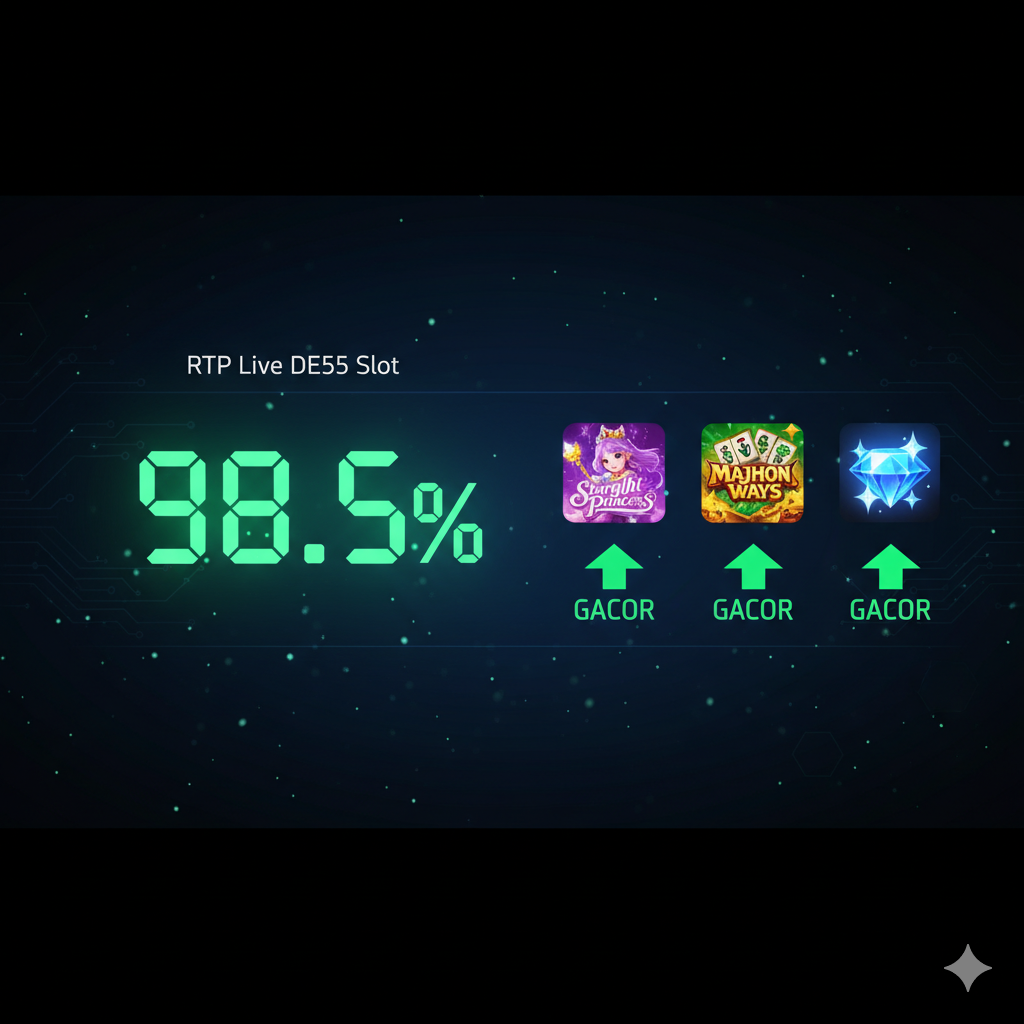 Visual yang berfokus pada fitur 'RTP Live' yang akurat. Gambarkan antarmuka dashboard digital dengan angka persentase besar yang bergerak secara real-time, menunjukkan '98.5%' atau angka tinggi lainnya. Di samping angka tersebut, tampilkan ikon mini dari beberapa game slot populer (misalnya, Starlight Princess atau Mahjong Ways) dengan panah hijau ke atas, mengindikasikan 'Gacor'. Gaya desain harus futuristik dan informatif, menggunakan warna hijau cerah pada persentase tinggi dan gradien digital pada latar belakang hitam/biru tua. Sertakan teks kecil 'RTP Live DE55 Slot' di bagian atas layar dashboard.